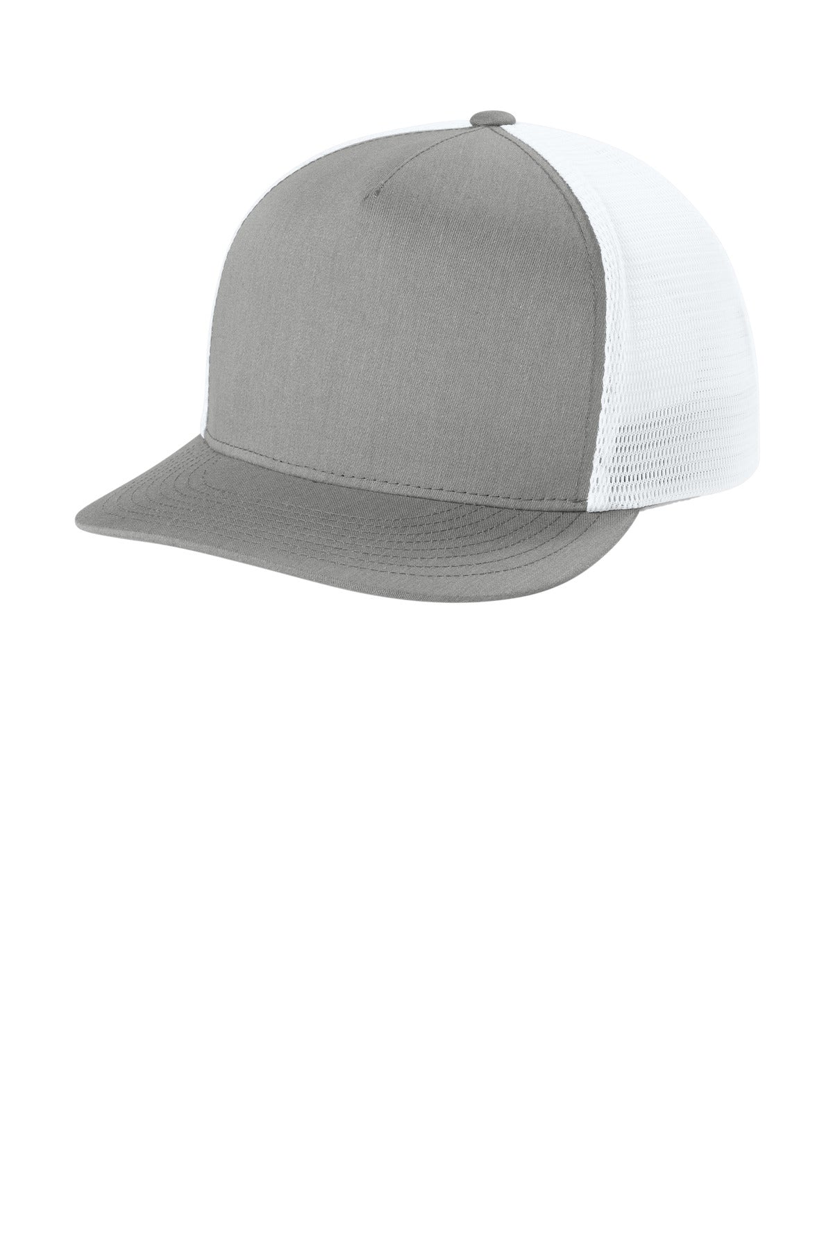Sport-Tek Stretch-Tek 5-Panel Trucker Cap STC75 in Heather Grey/ White