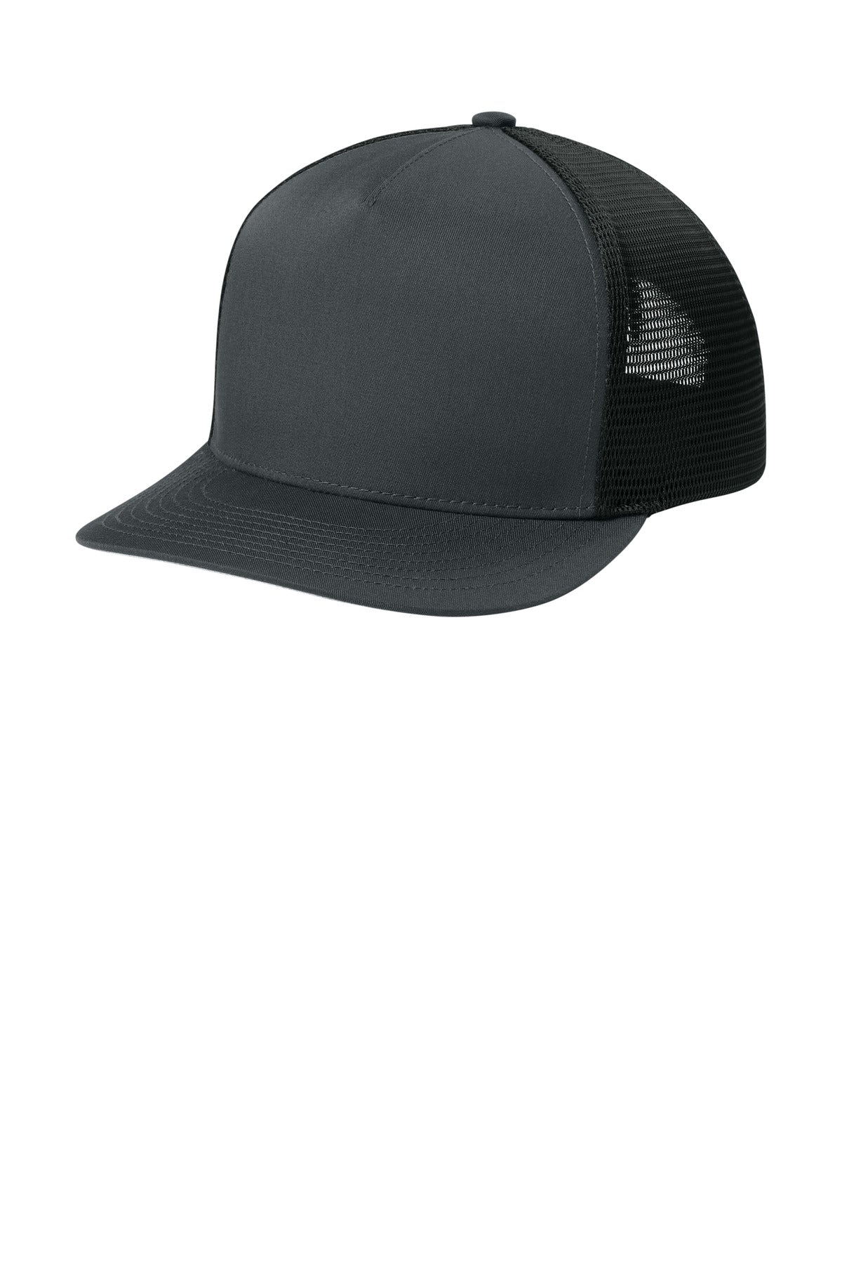 Sport-Tek Stretch-Tek 5-Panel Trucker Cap STC75 in Iron Grey/ Black
