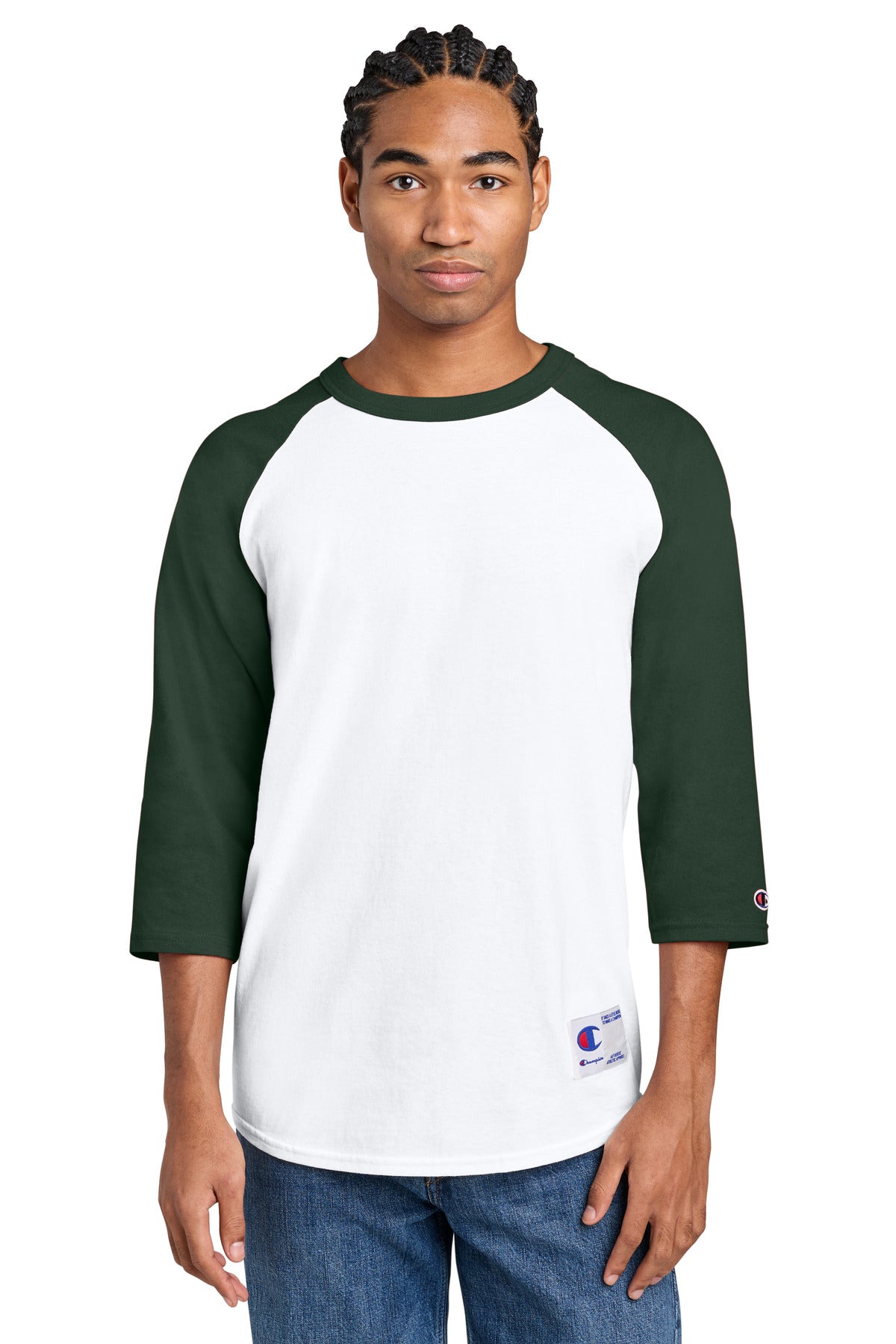 Champion Raglan Baseball Tee T137 in White/ Dark Green