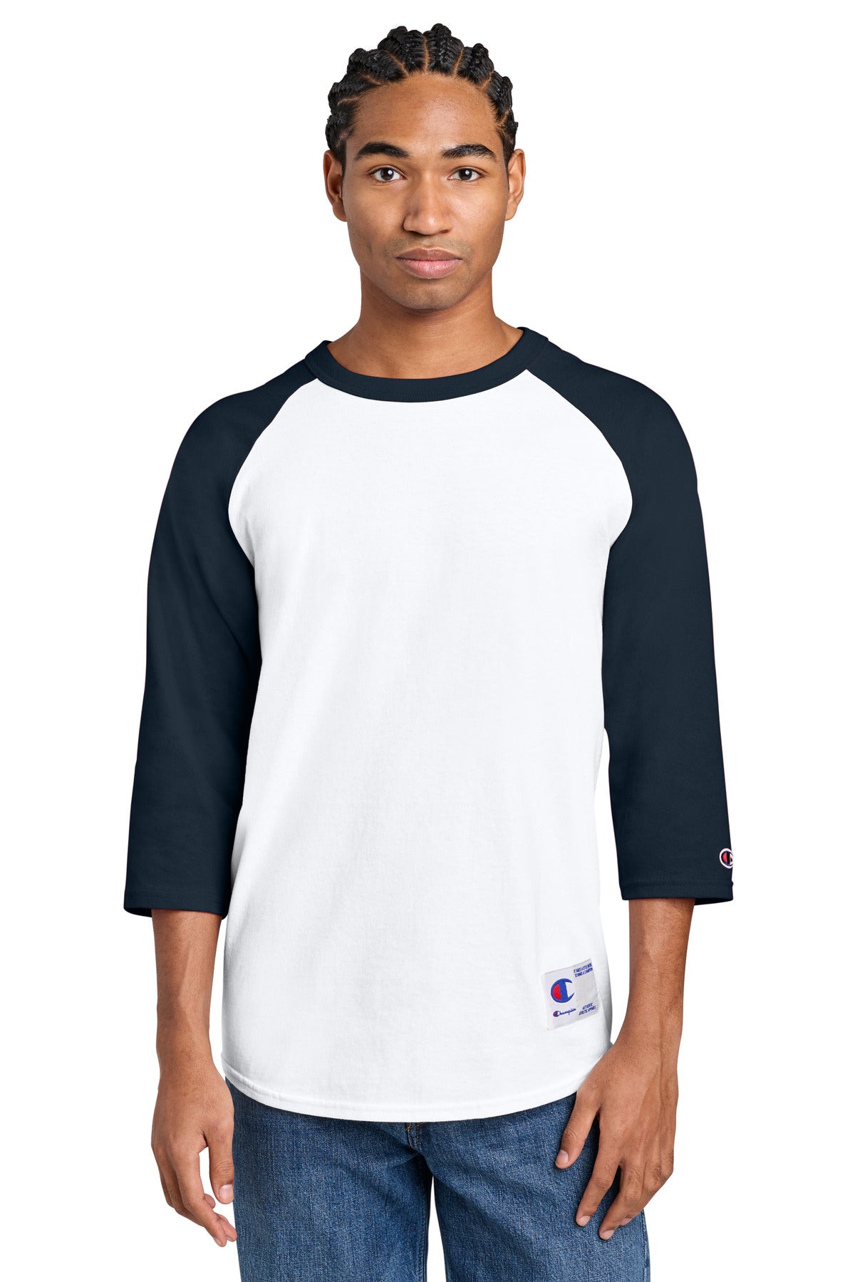 Champion Raglan Baseball Tee T137 in White/ Navy