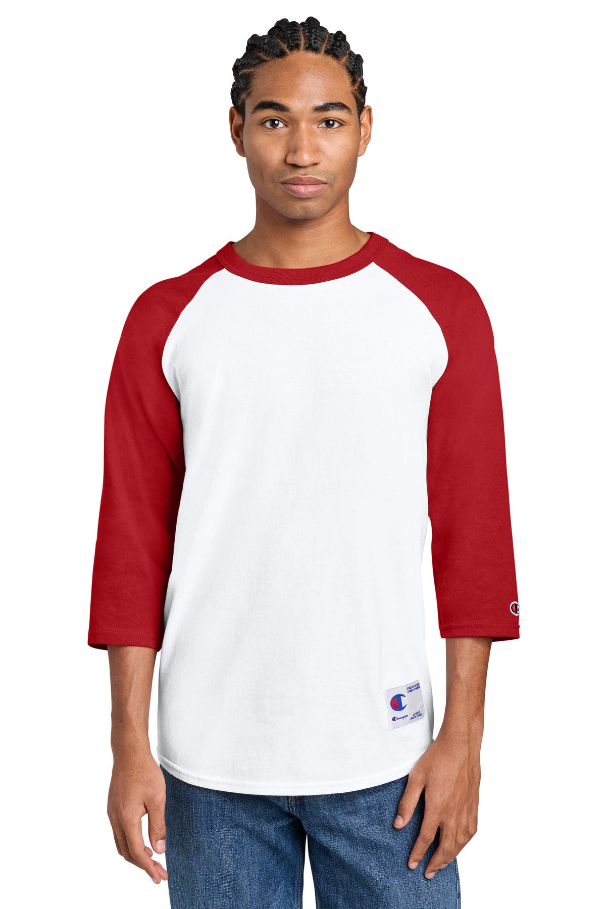 Champion Raglan Baseball Tee T137 in White/ Scarlet
