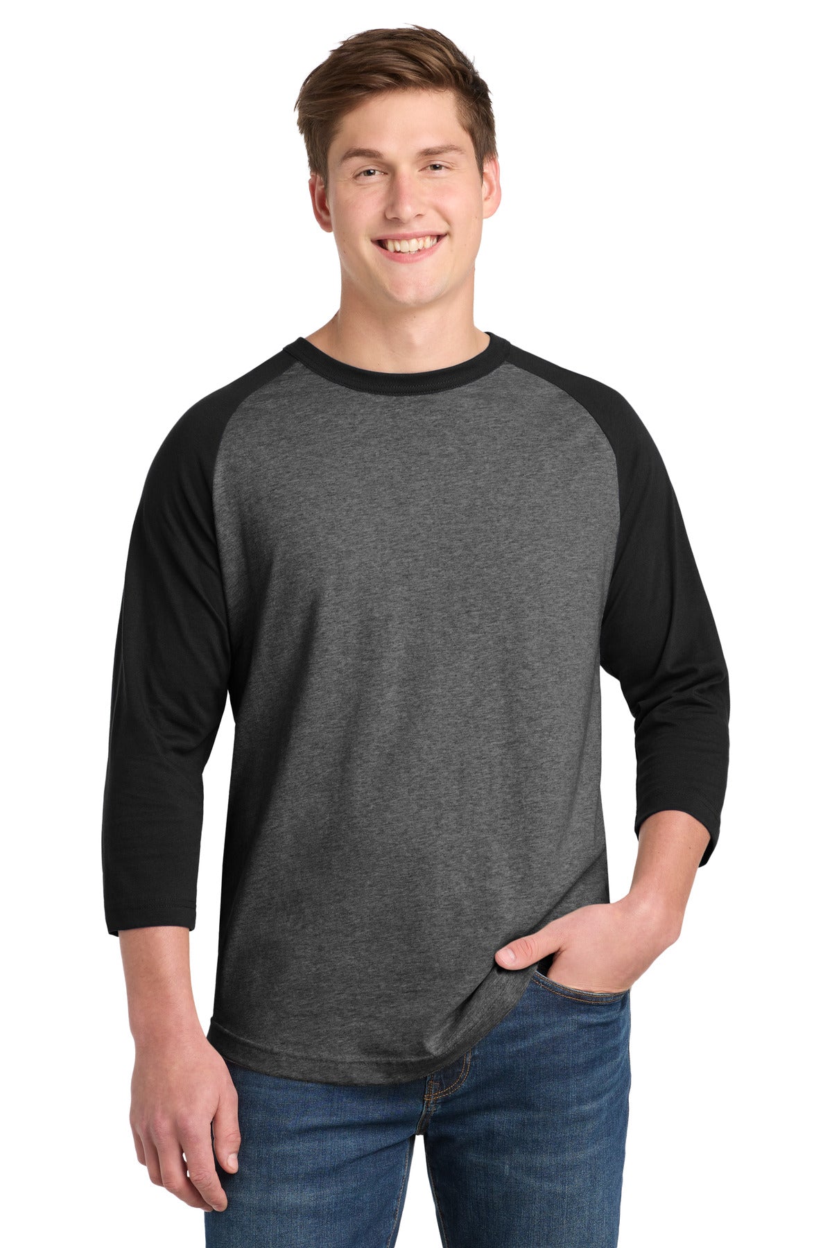 Sport-Tek Colorblock Raglan Jersey.  T200 in Dark Heather Grey/ Black