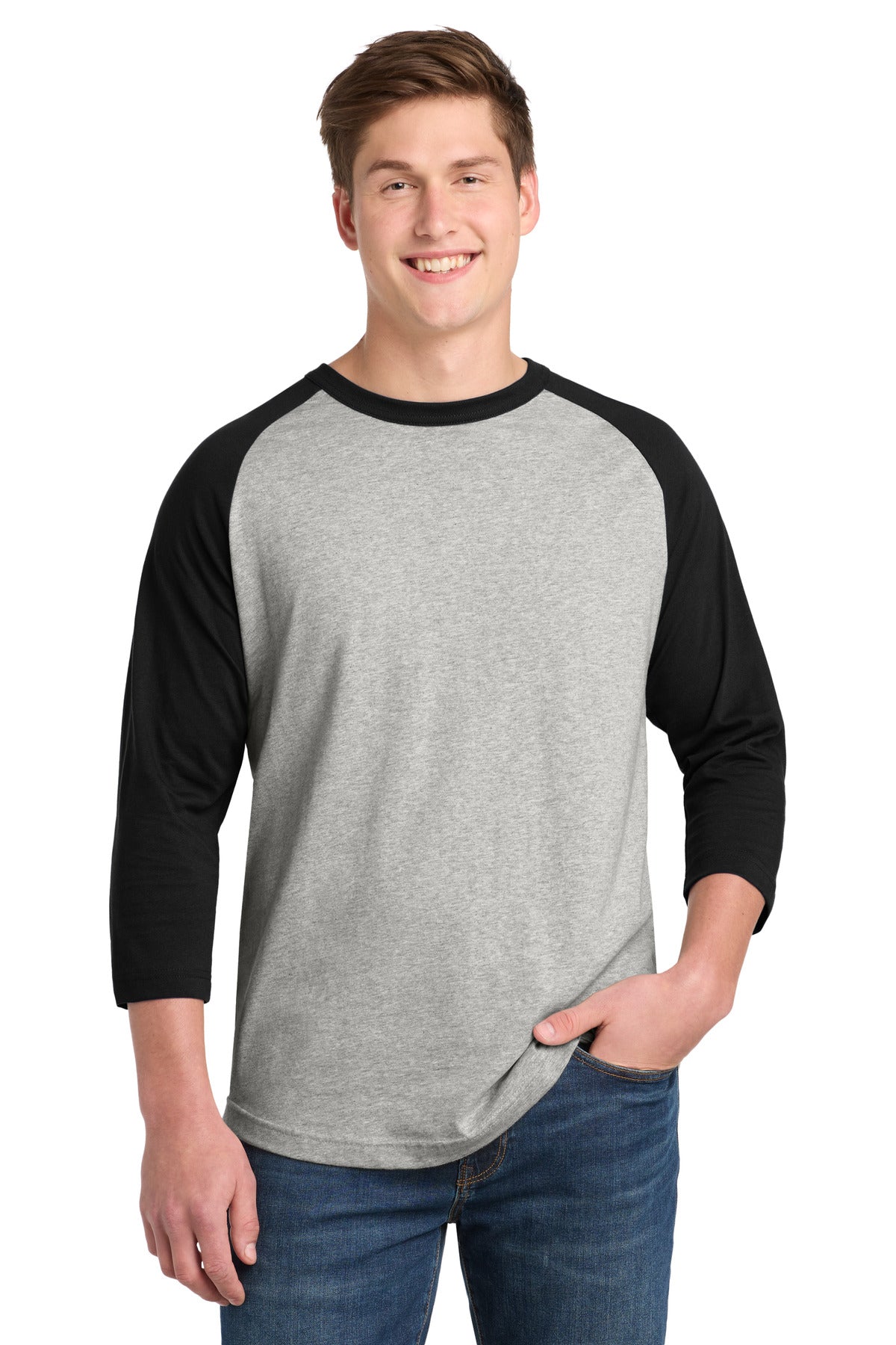 Sport-Tek Colorblock Raglan Jersey.  T200 in Heather Grey/ Black
