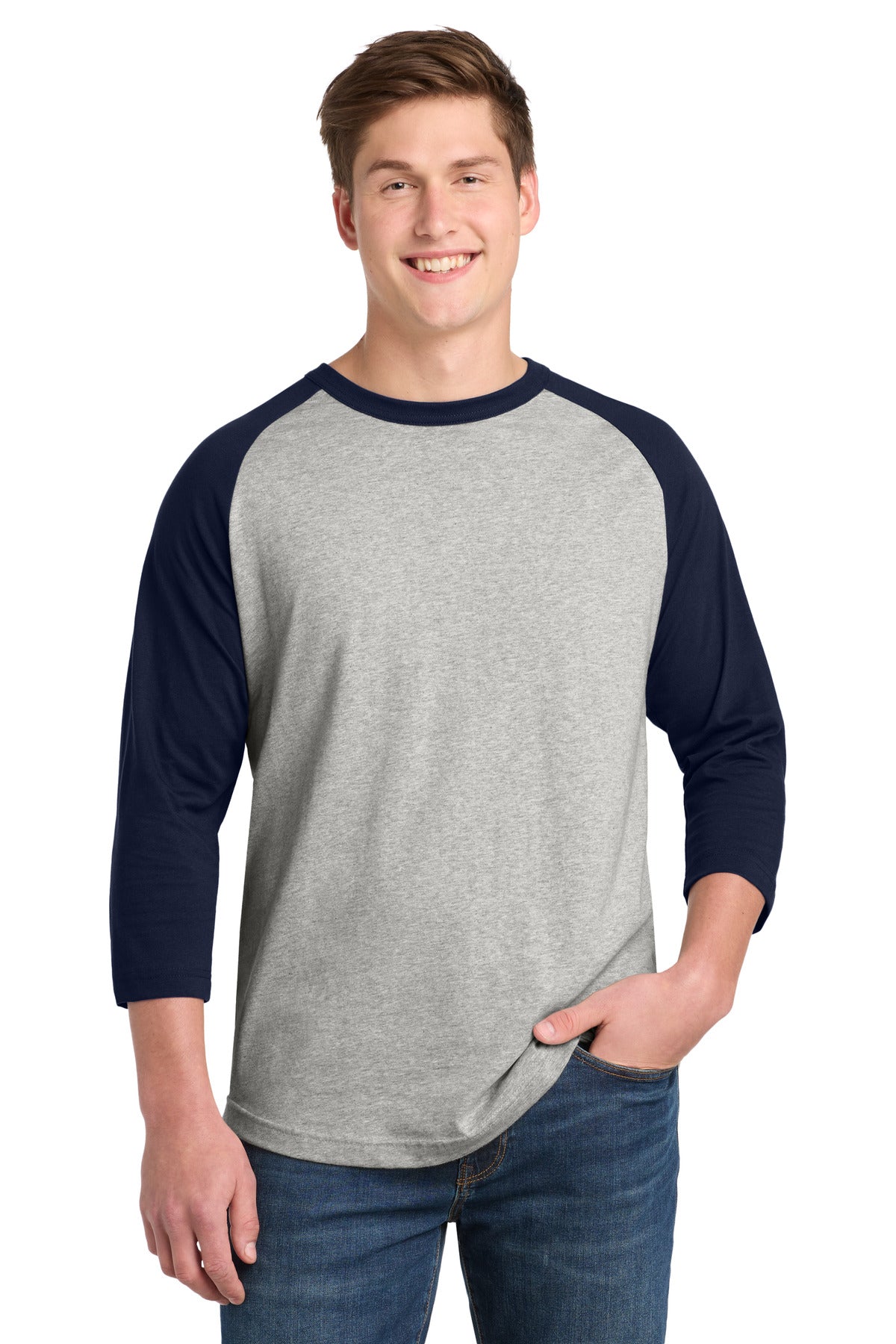 Sport-Tek Colorblock Raglan Jersey.  T200 in Heather Grey/ Navy