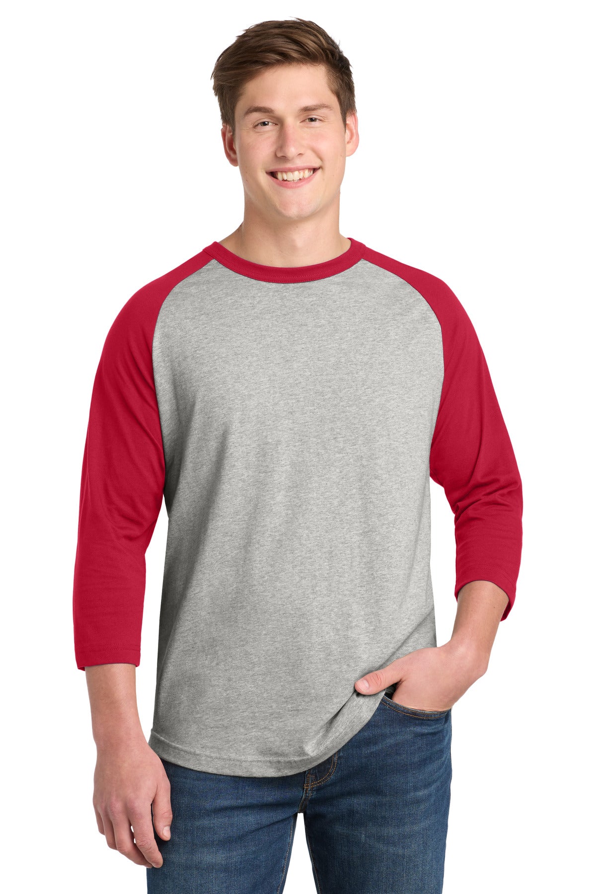 Sport-Tek Colorblock Raglan Jersey.  T200 in Heather Grey/ Red