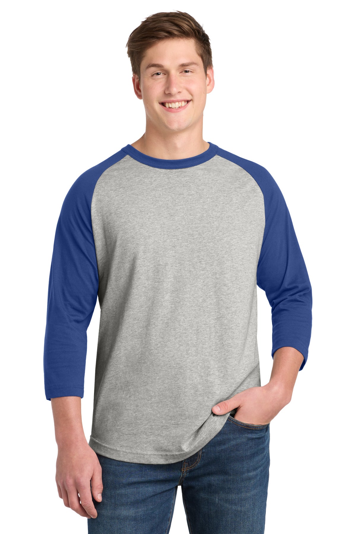 Sport-Tek Colorblock Raglan Jersey.  T200 in Heather Grey/ Royal