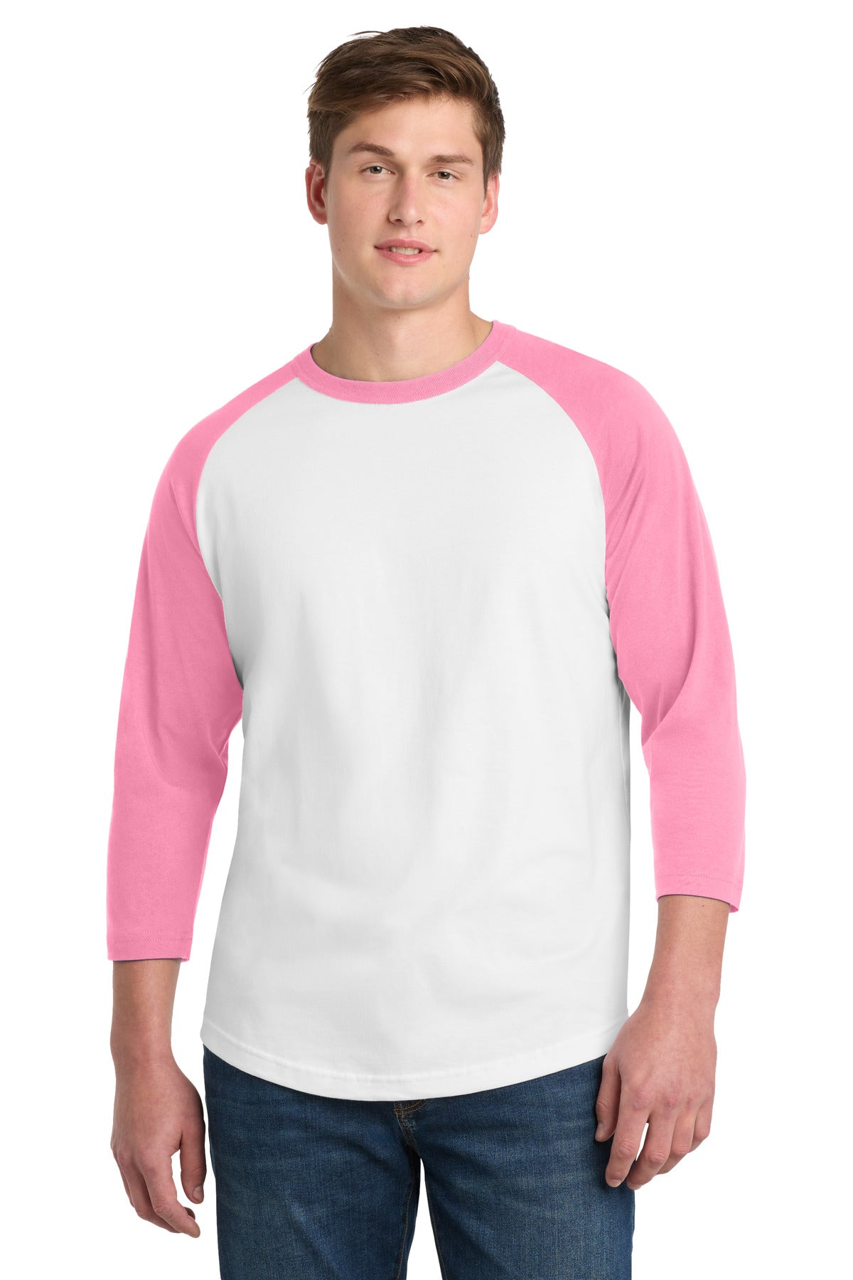 Sport-Tek Colorblock Raglan Jersey.  T200 in White/ Bright Pink