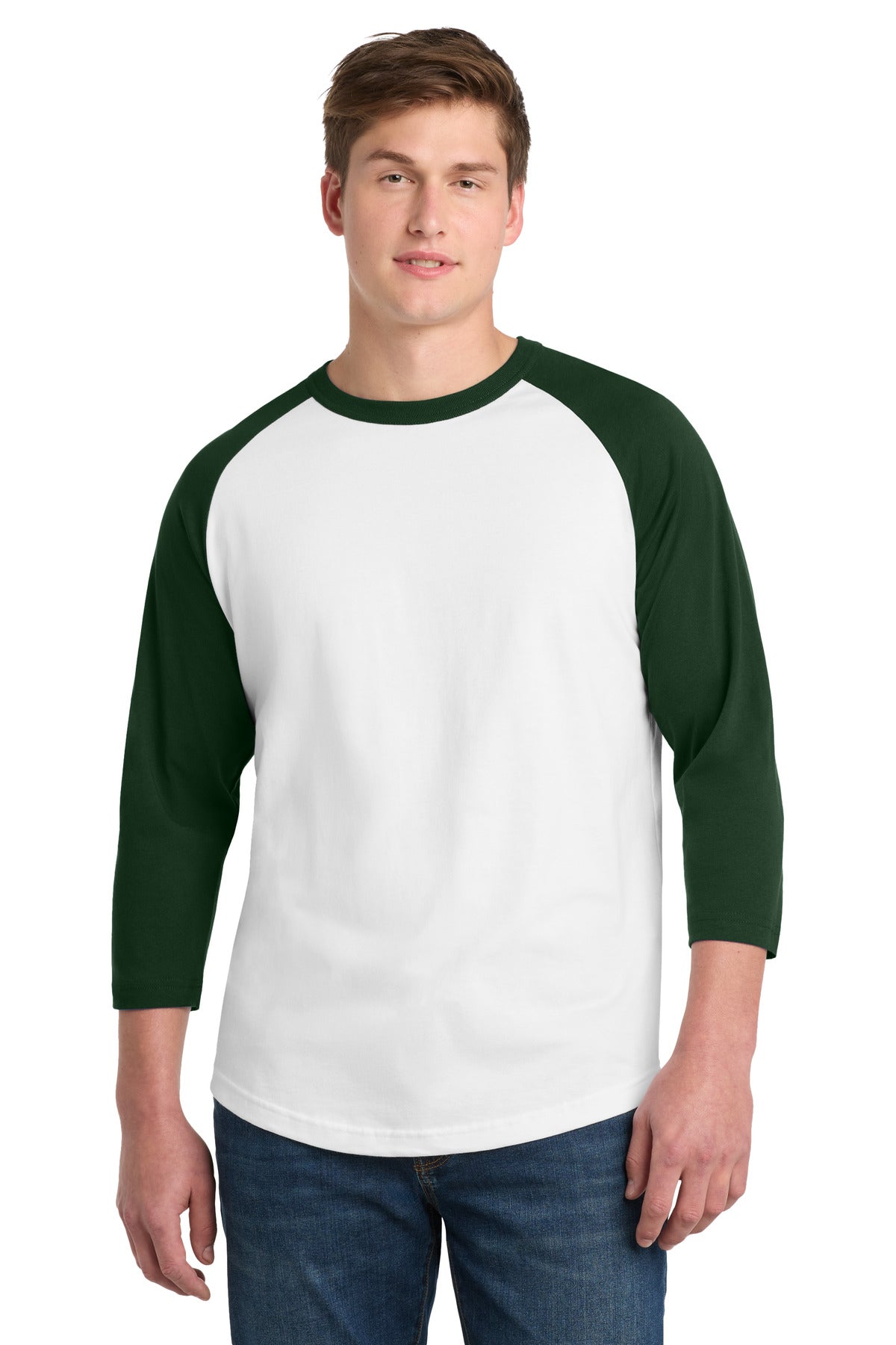 Sport-Tek Colorblock Raglan Jersey.  T200 in White/ Forest
