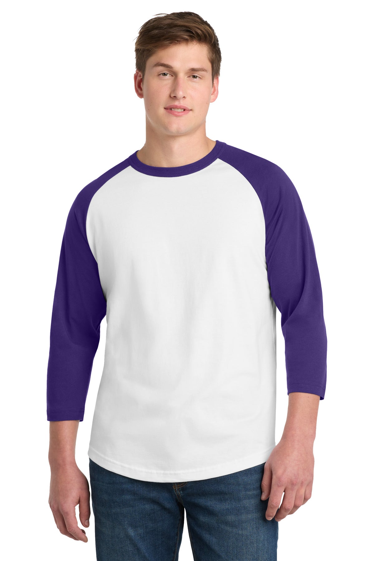 Sport-Tek Colorblock Raglan Jersey.  T200 in White/ Purple