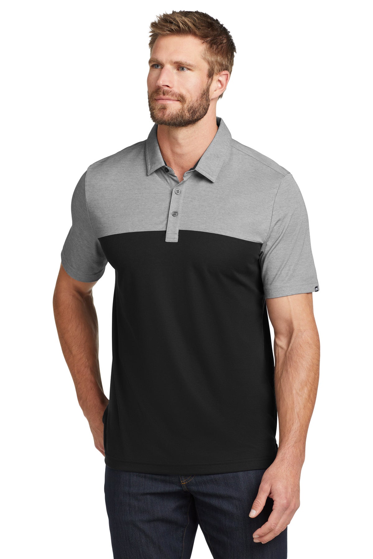 TravisMathew Oceanside Blocked Polo. TM1MU414 in Black Heather/ Black