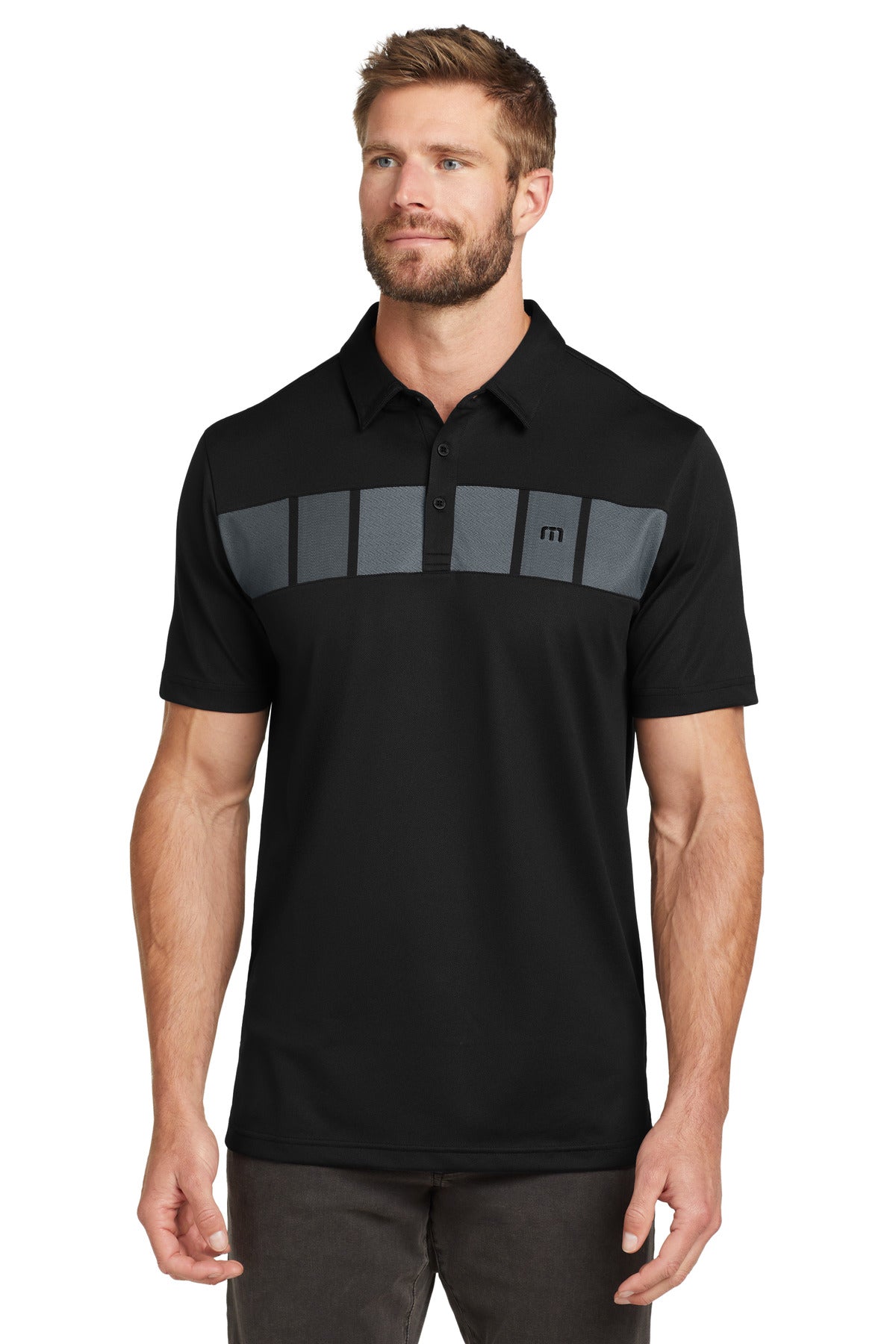TravisMathew Cabana Chest Stripe Polo. TM1MU416 in Black