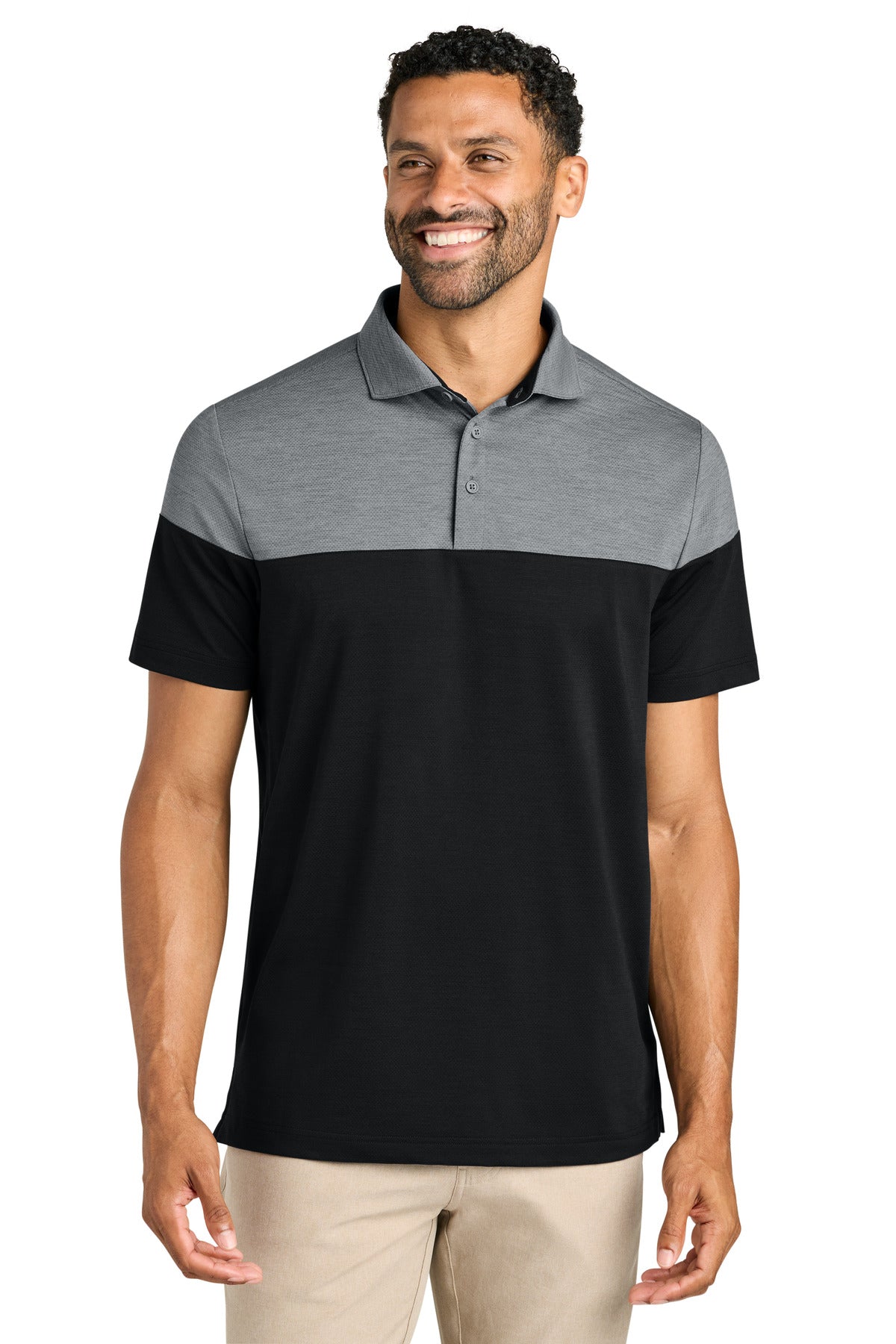 TravisMathew Onward Colorblock Polo TMA42774 in Quiet Shade Grey Heather/ Black