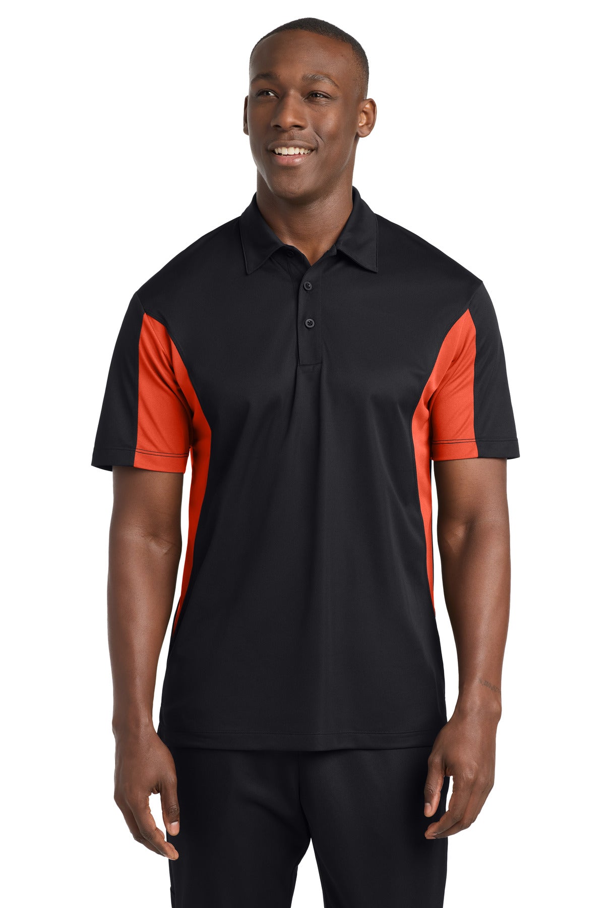 Sport-Tek Tall Side Blocked Micropique Sport-Wick Polo. TST655 in Black/ Deep Orange