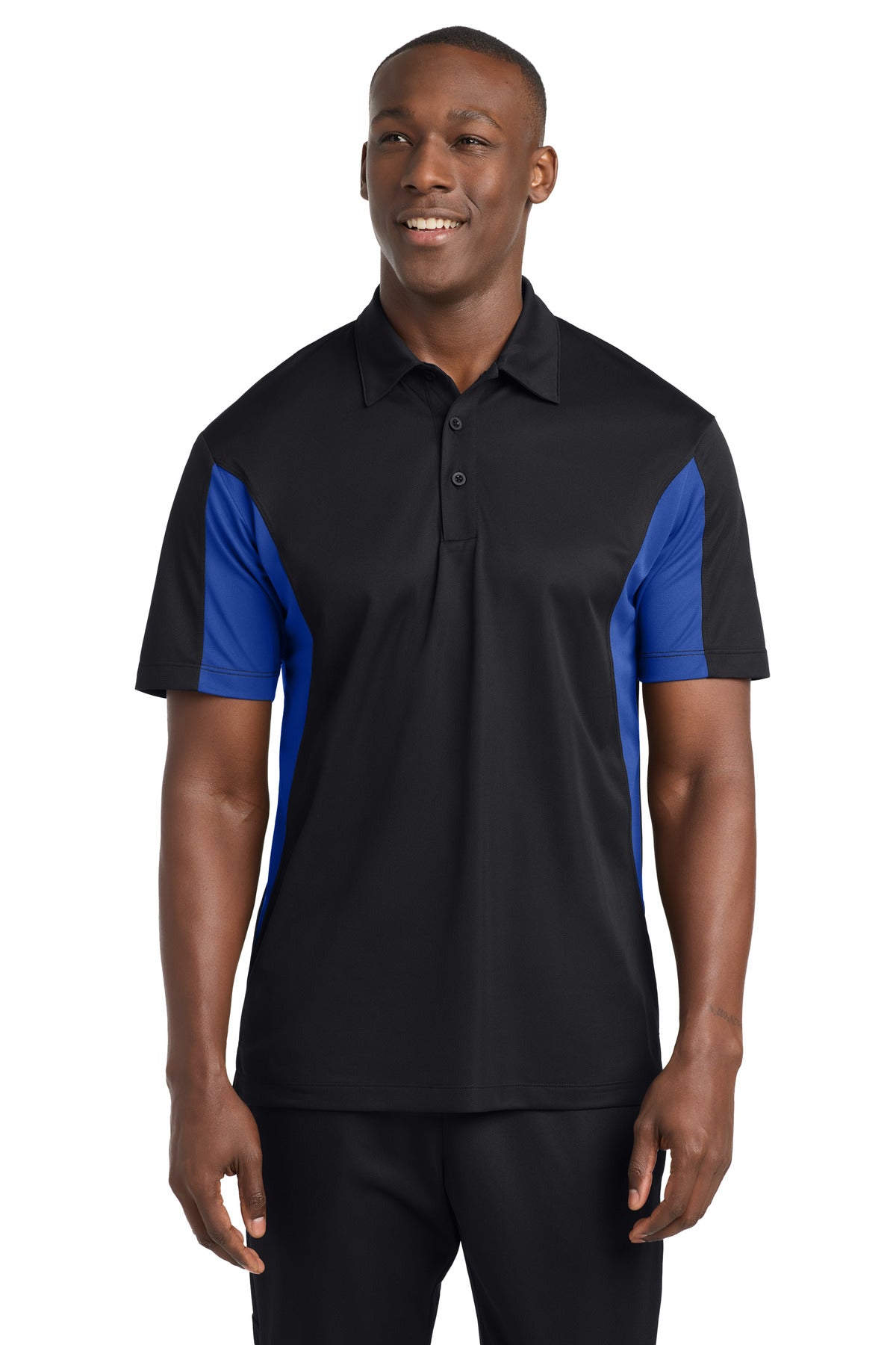 Sport-Tek Tall Side Blocked Micropique Sport-Wick Polo. TST655 in Black/ True Royal