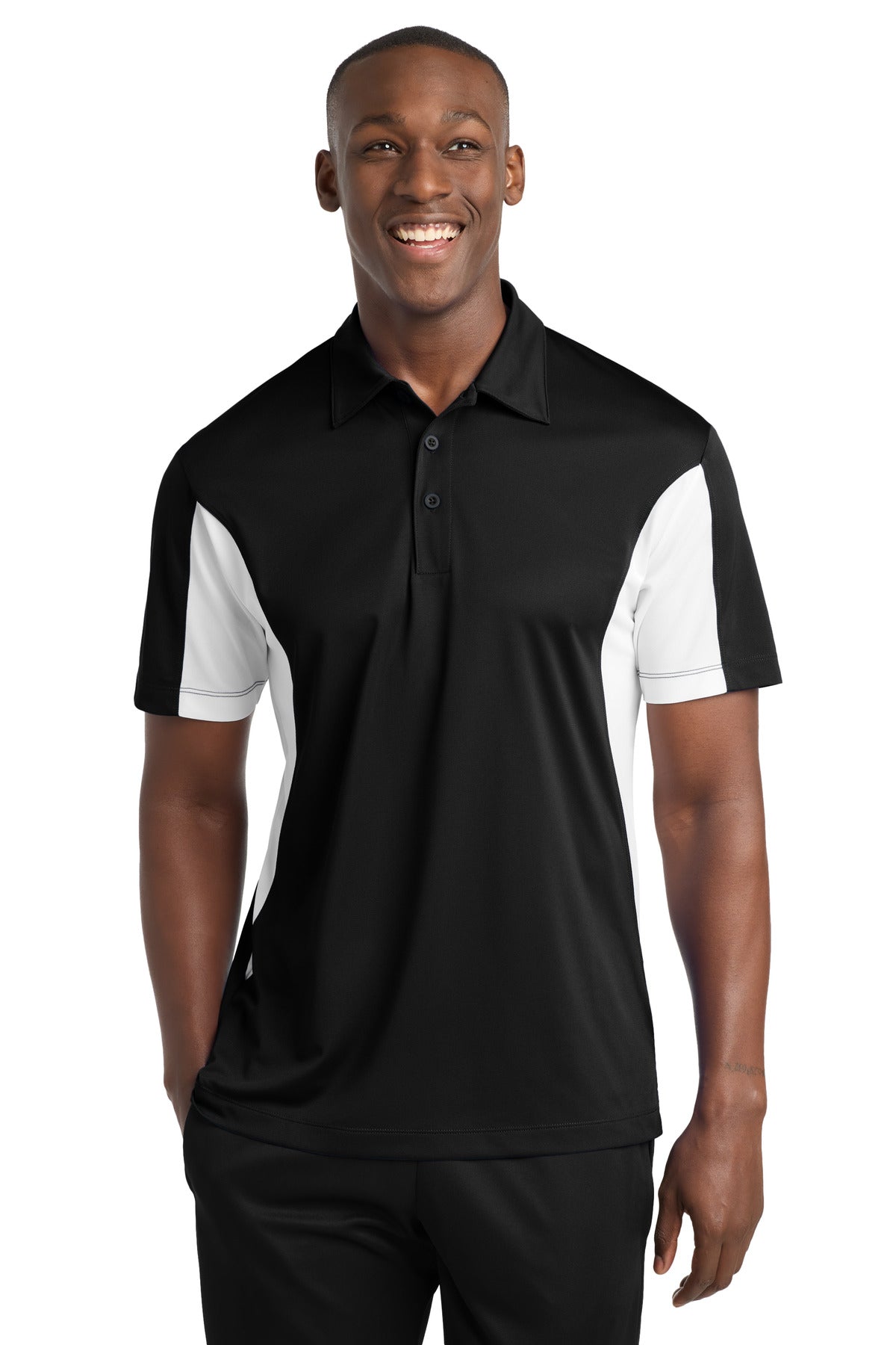 Sport-Tek Tall Side Blocked Micropique Sport-Wick Polo. TST655 in Black/ White