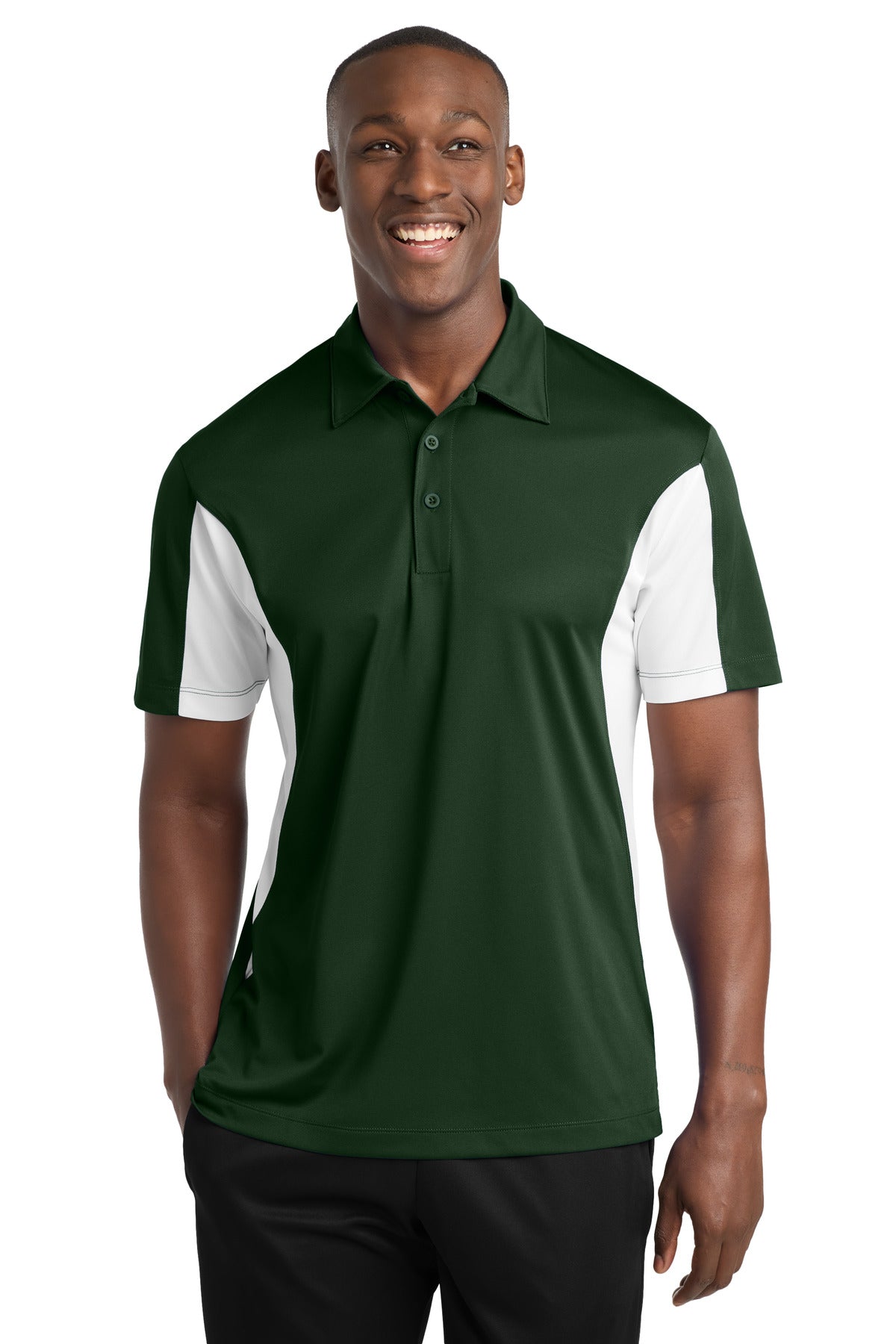 Sport-Tek Tall Side Blocked Micropique Sport-Wick Polo. TST655 in Forest Green/ White