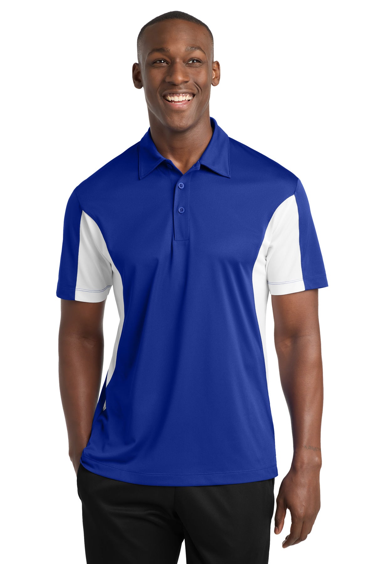 Sport-Tek Tall Side Blocked Micropique Sport-Wick Polo. TST655 in True Royal/ White