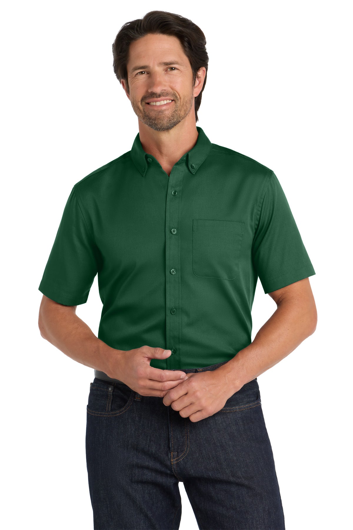 Port Authority Short Sleeve SuperPro React Twill Shirt. W809 in Dark Green