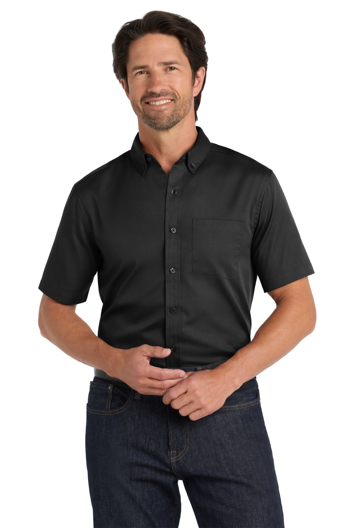 Port Authority Short Sleeve SuperPro React Twill Shirt. W809 in Deep Black