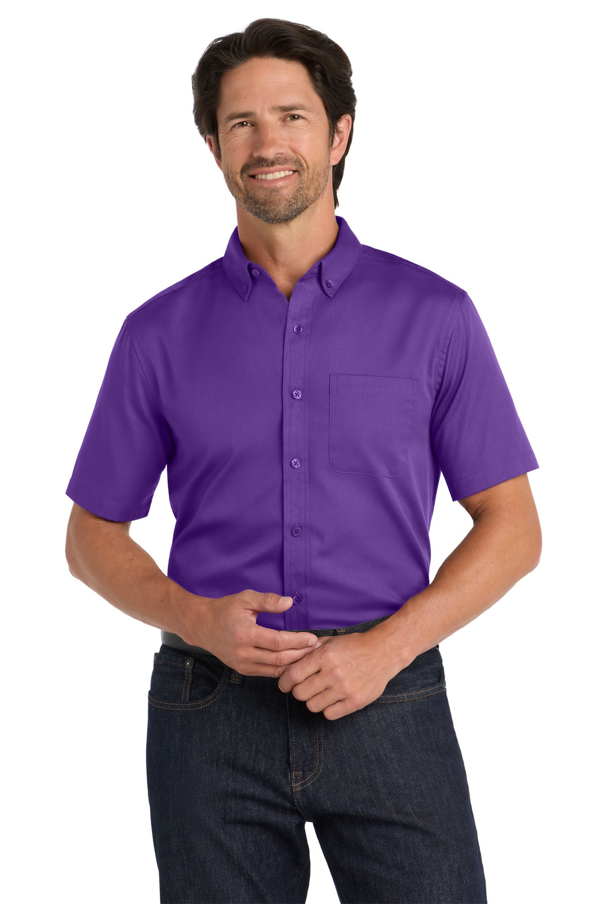 Port Authority Short Sleeve SuperPro React Twill Shirt. W809 in Purple