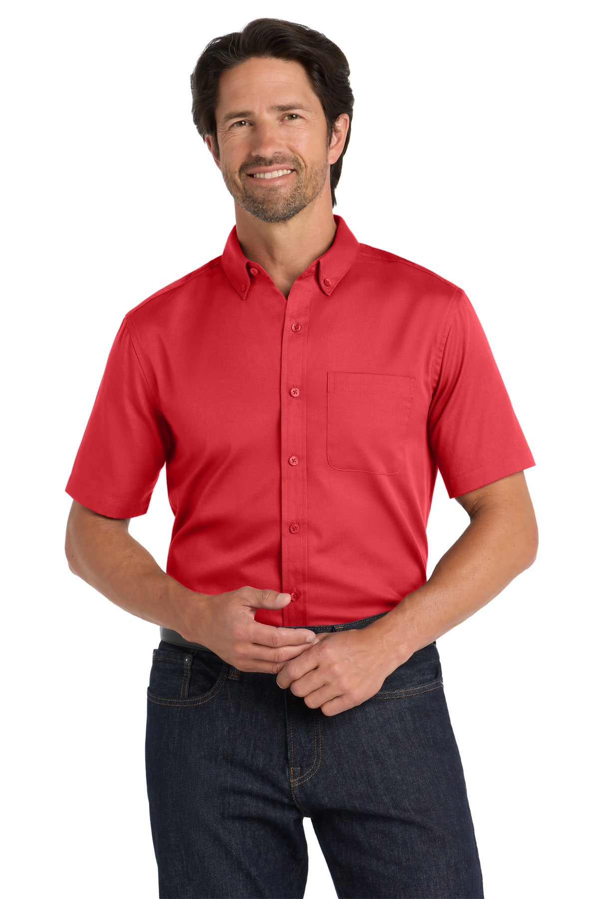 Port Authority Short Sleeve SuperPro React Twill Shirt. W809 in Rich Red
