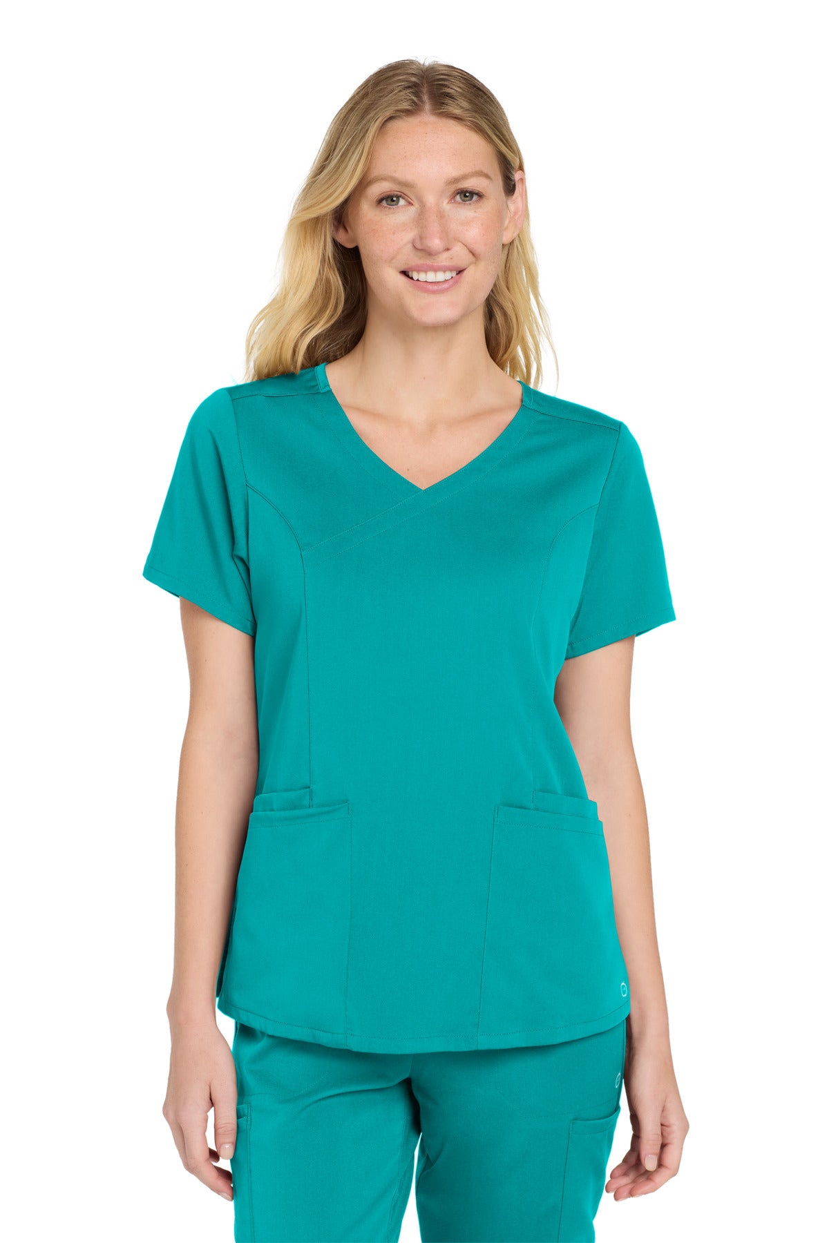 Wink Women's Premiere Flex Mock Wrap Top WW4268 in Teal Blue
