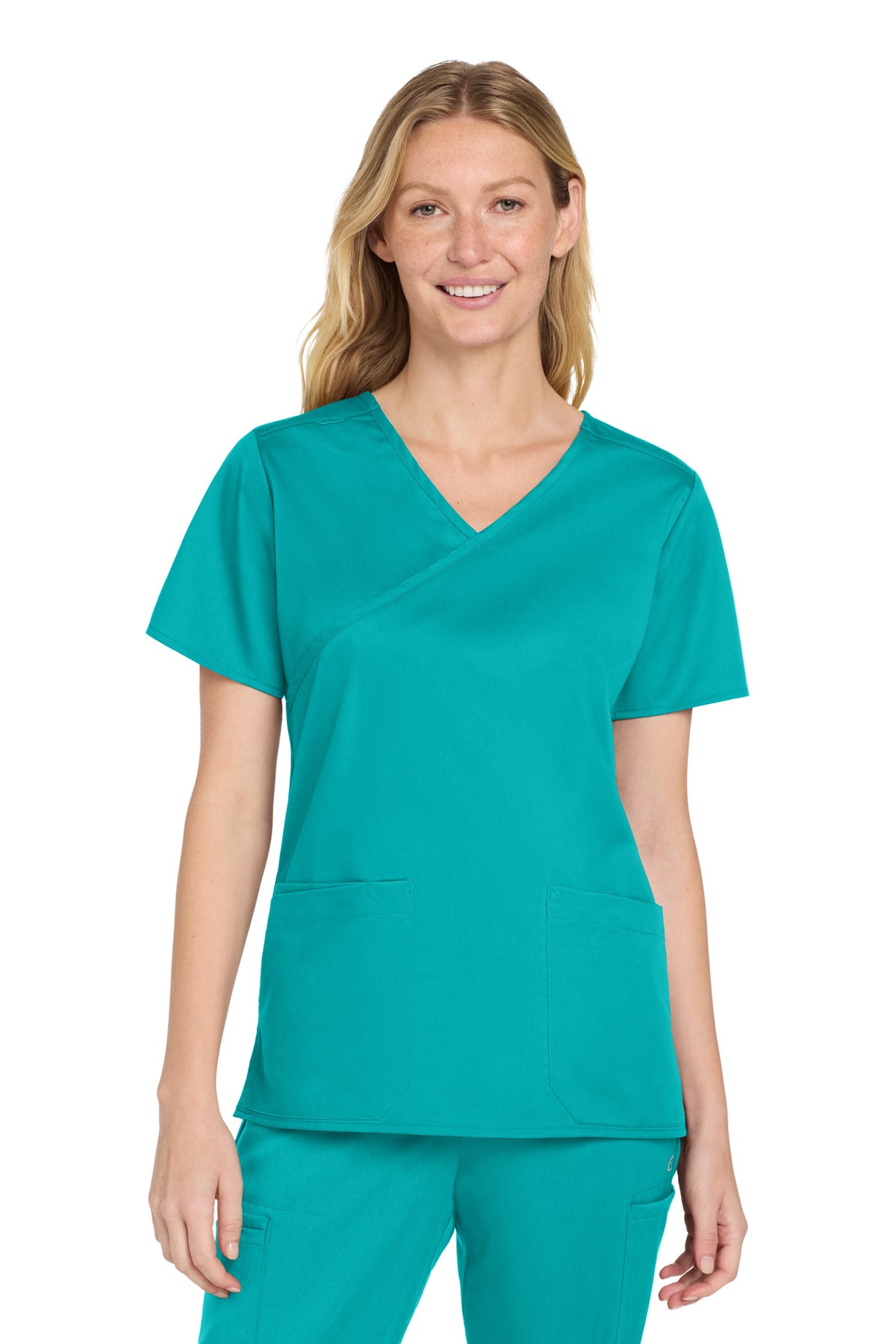 Wink Women's WorkFlex Mock Wrap Top WW4760 in Teal Blue