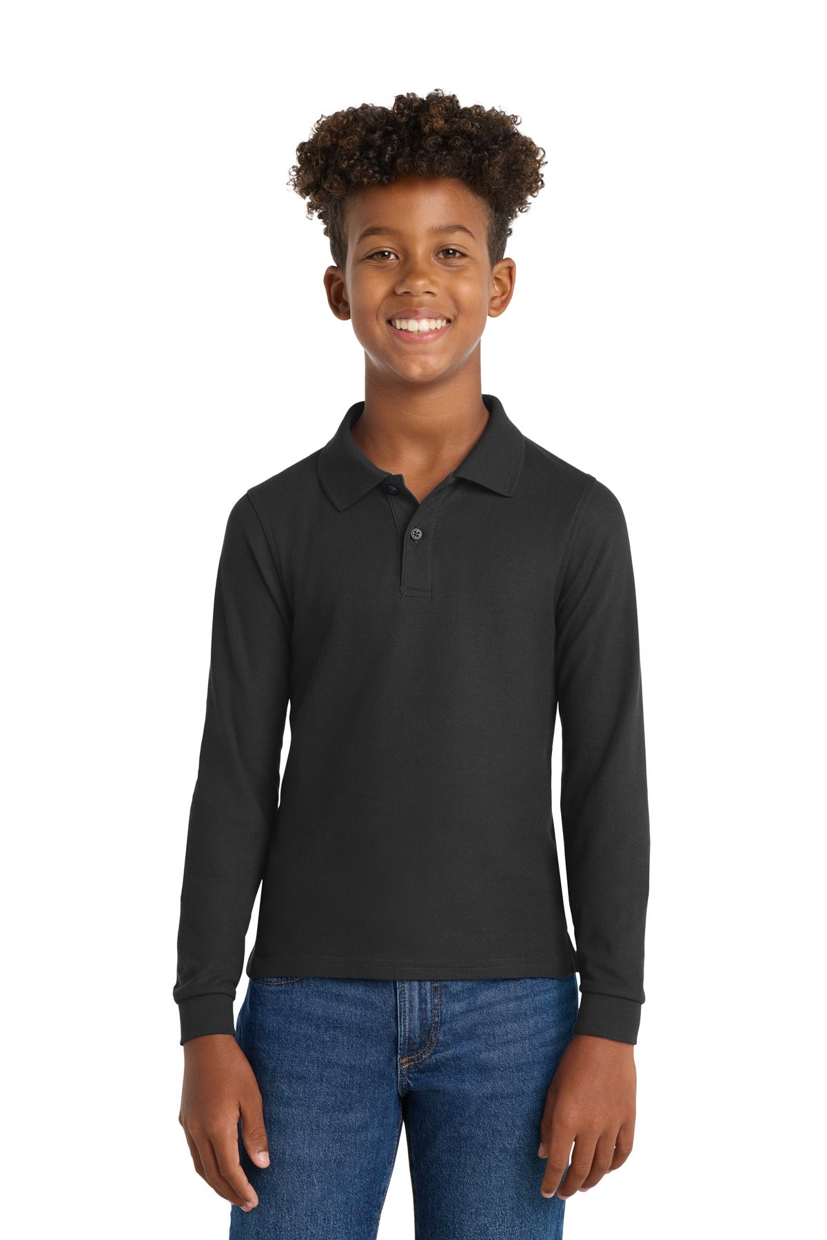 Port Authority Youth Long Sleeve Silk Touch Polo.  Y500LS in Black