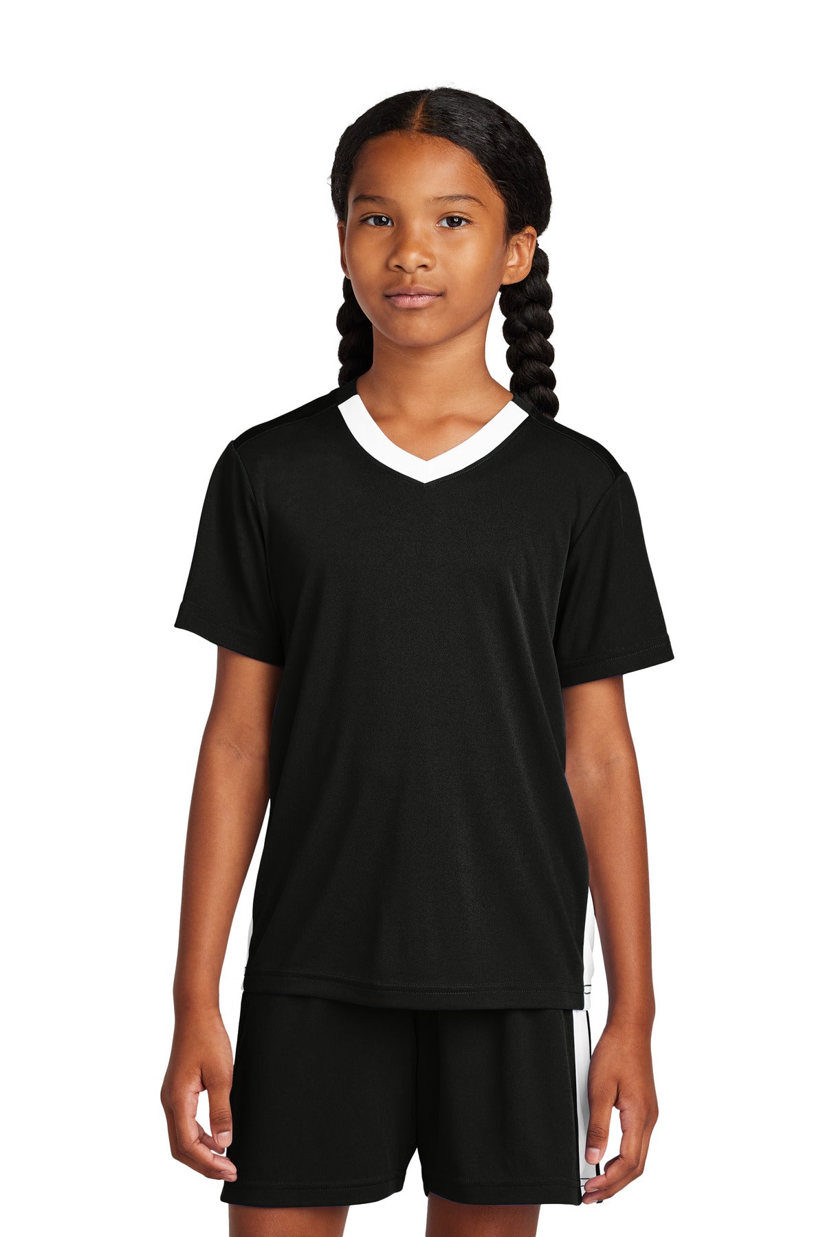 Sport-Tek Youth Competitor United V-Neck YST101 in Black/ White