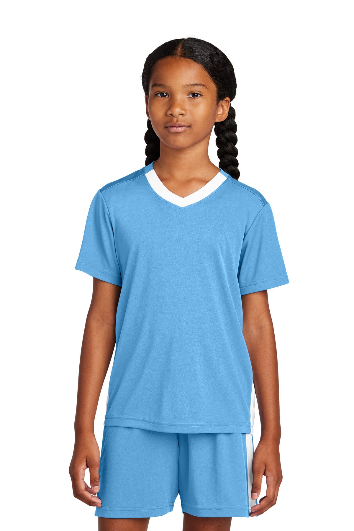 Sport-Tek Youth Competitor United V-Neck YST101 in Carolina Blue/ White
