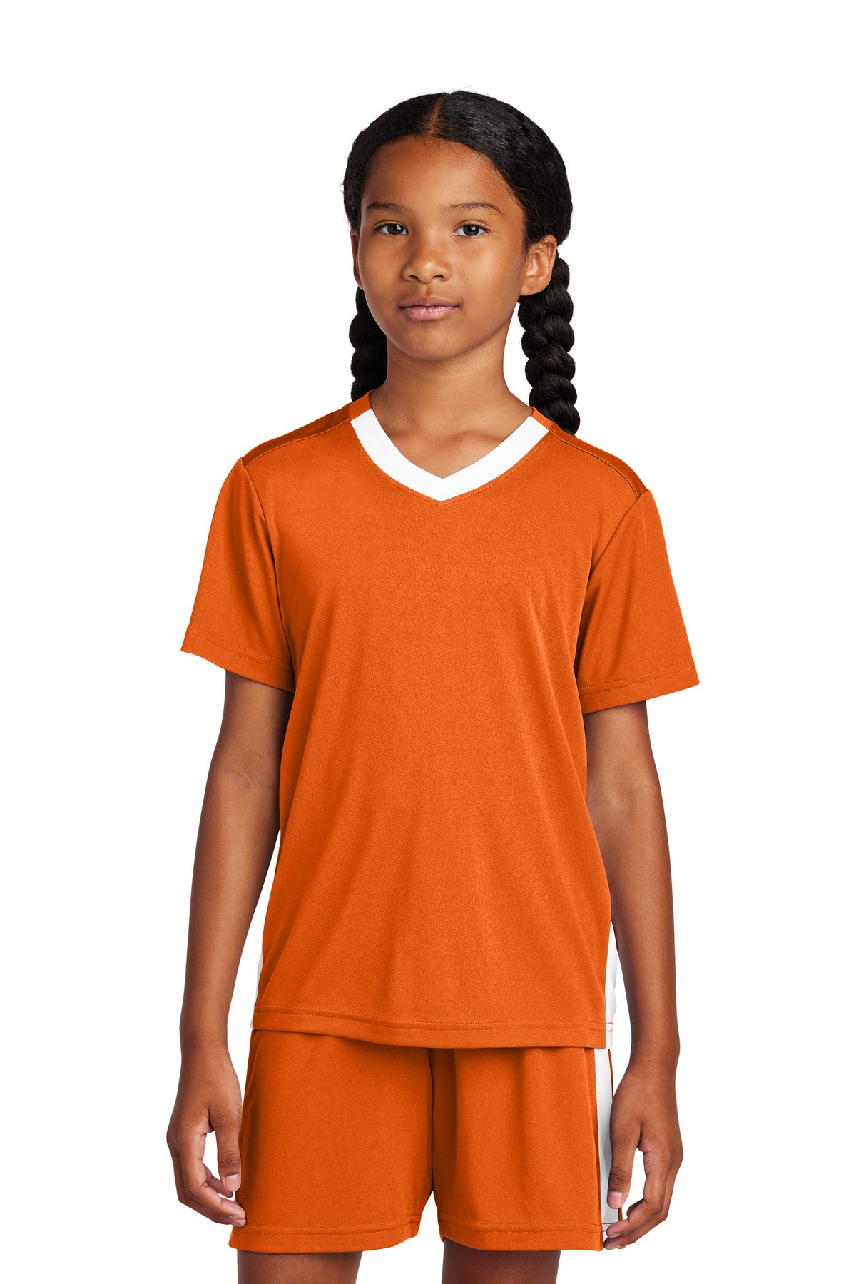 Sport-Tek Youth Competitor United V-Neck YST101 in Deep Orange/ White