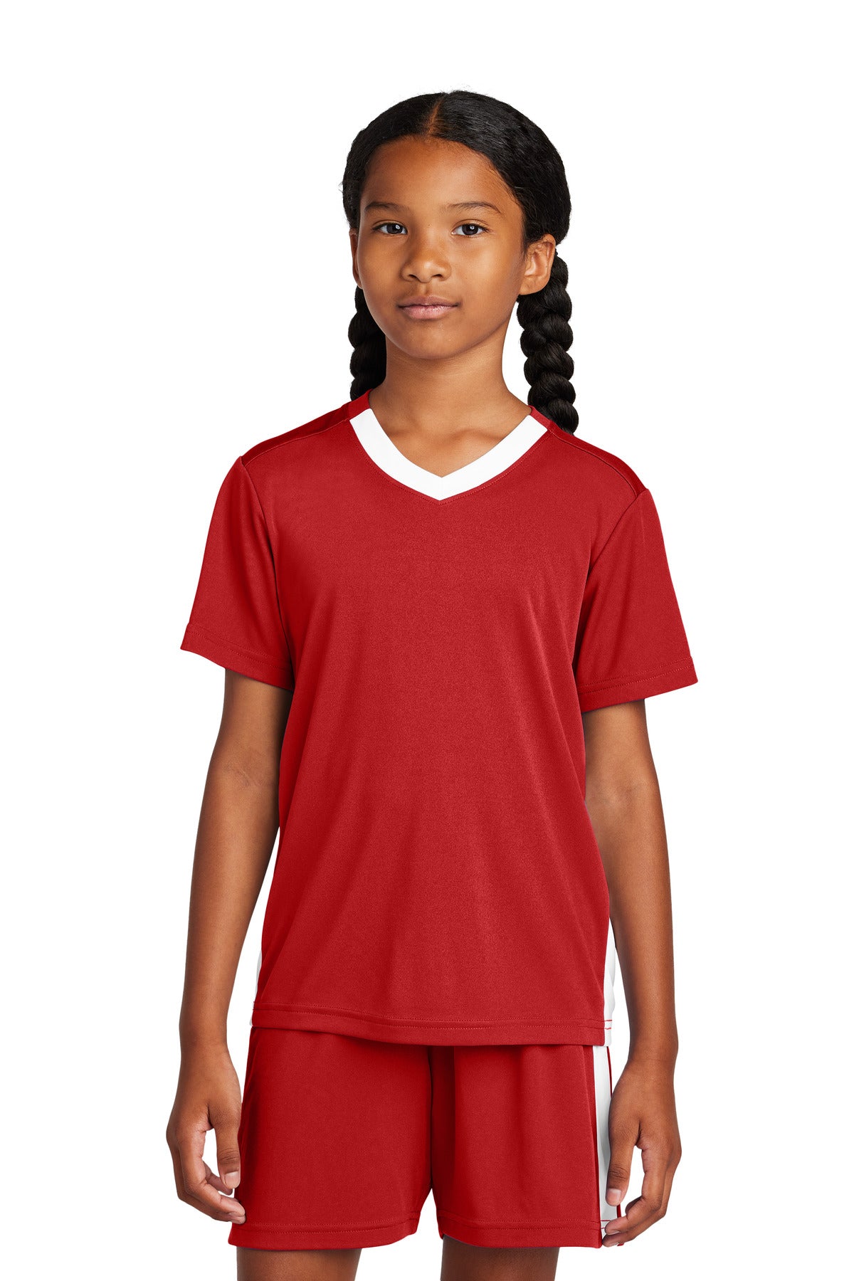 Sport-Tek Youth Competitor United V-Neck YST101 in Deep Red/ White