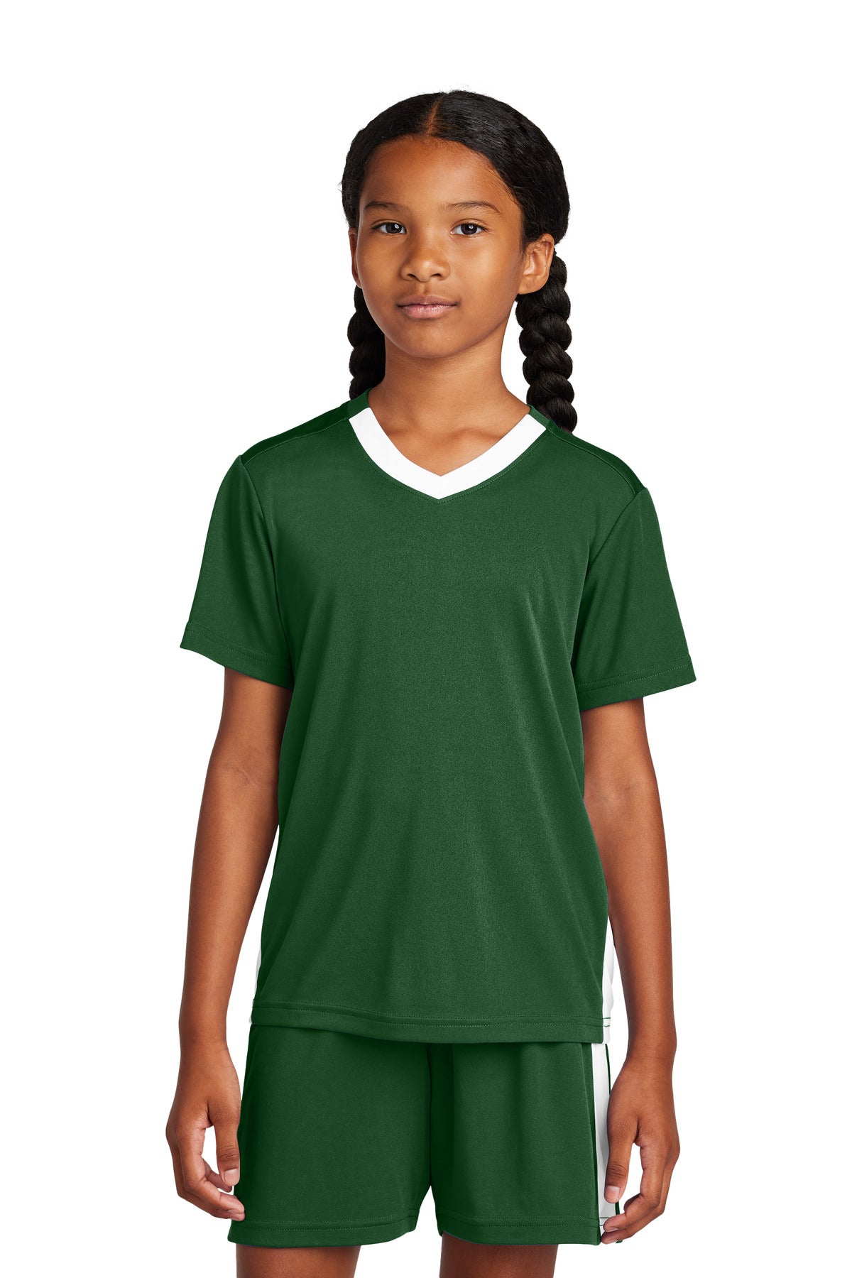 Sport-Tek Youth Competitor United V-Neck YST101 in Forest Green/ White