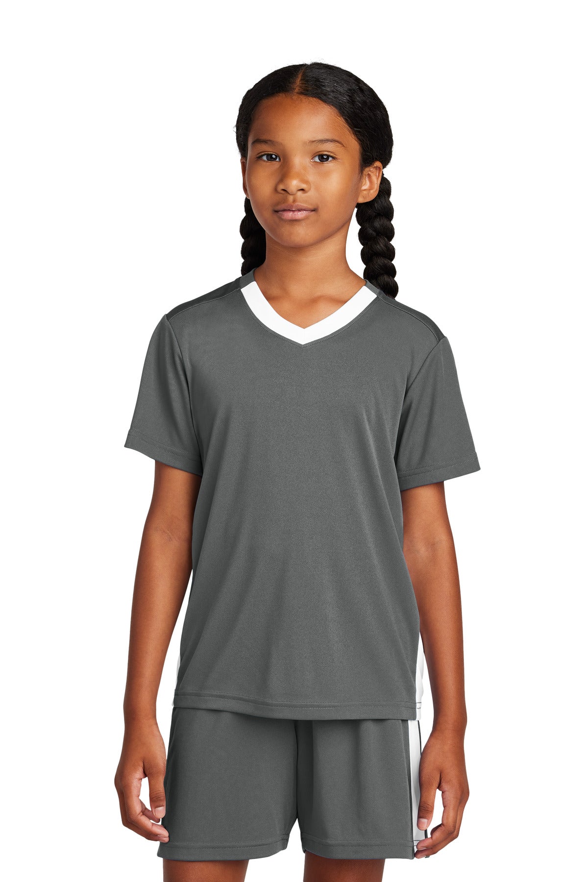 Sport-Tek Youth Competitor United V-Neck YST101 in Iron Grey/ White