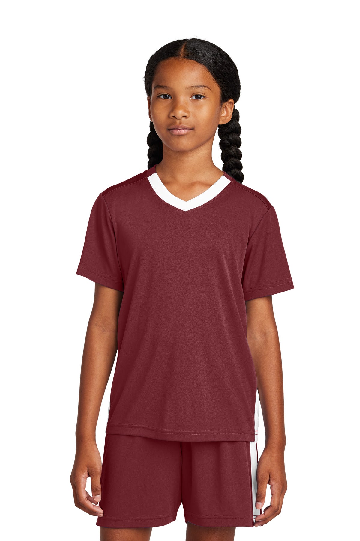 Sport-Tek Youth Competitor United V-Neck YST101 in Maroon/ White
