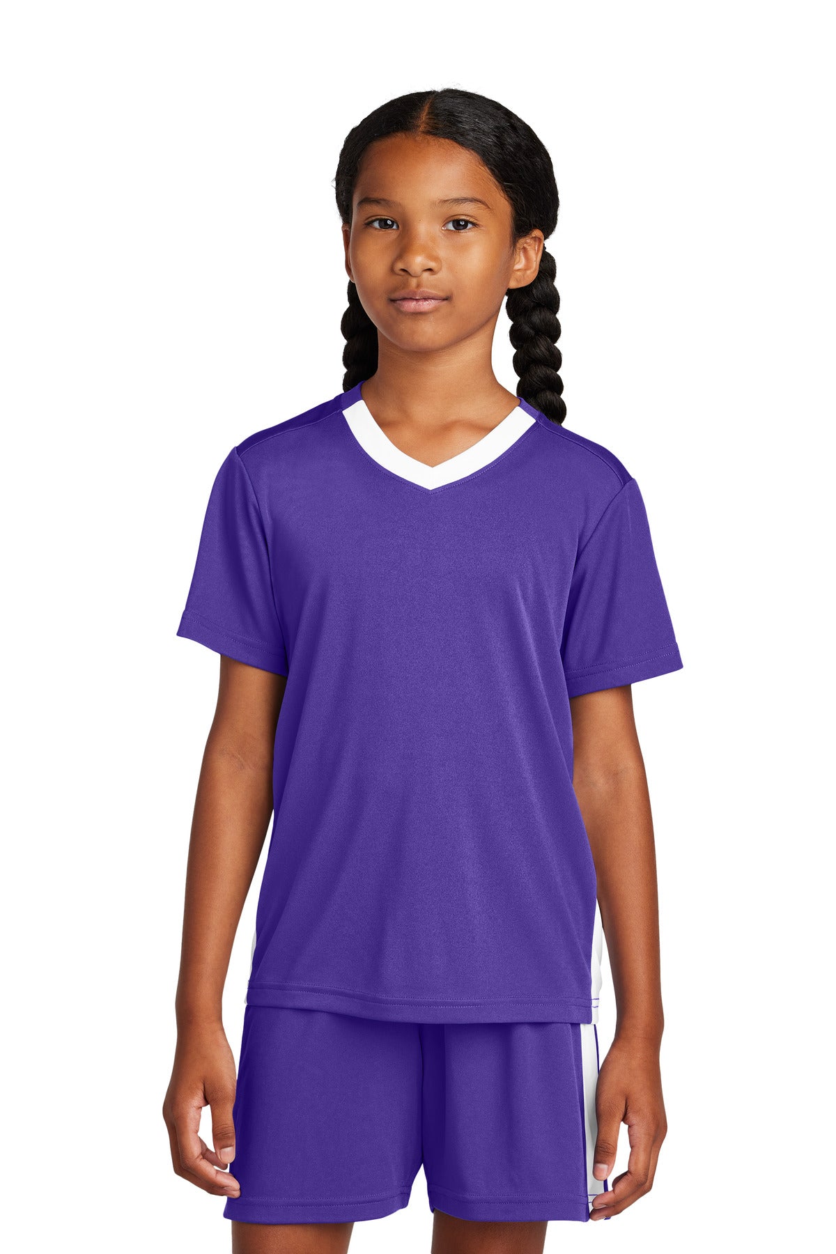 Sport-Tek Youth Competitor United V-Neck YST101 in Purple/ White