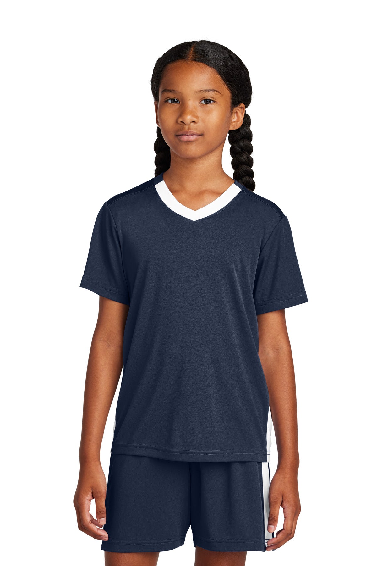 Sport-Tek Youth Competitor United V-Neck YST101 in True Navy/ White