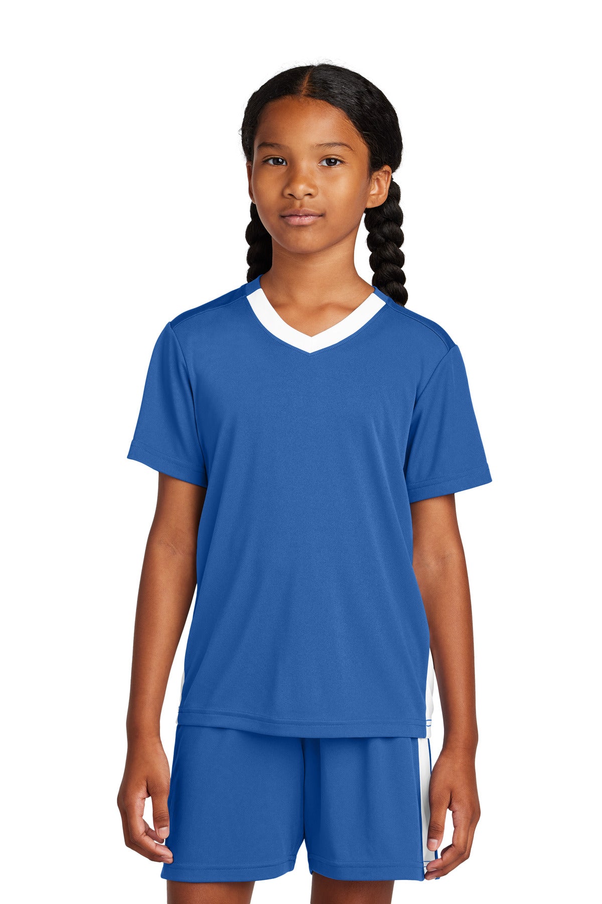 Sport-Tek Youth Competitor United V-Neck YST101 in True Royal/ White