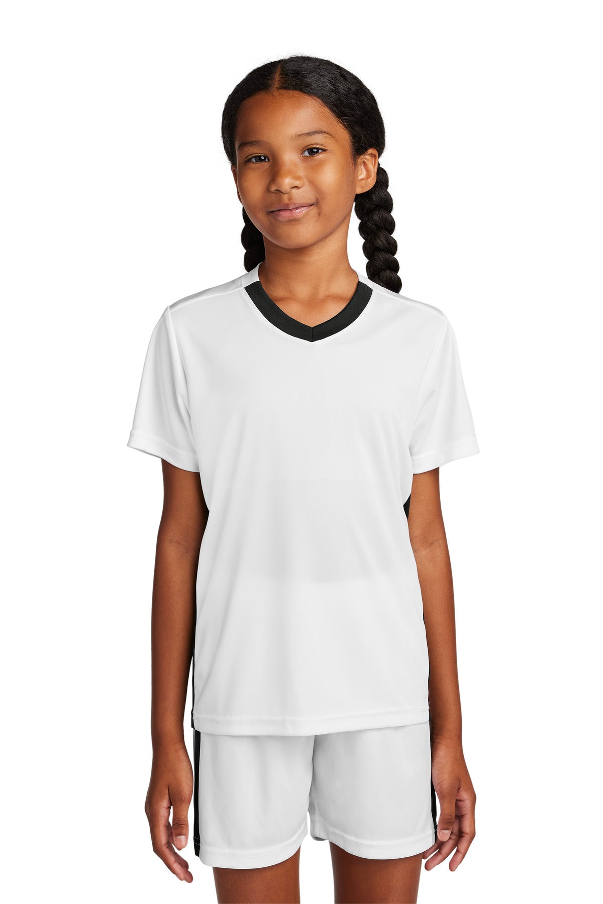 Sport-Tek Youth Competitor United V-Neck YST101 in White/ Black