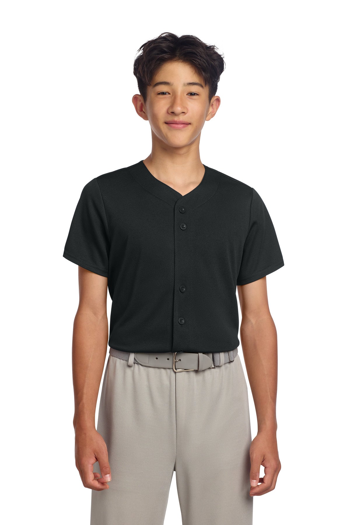 Sport-Tek Youth PosiCharge Tough Mesh Full-Button Jersey YST220 in Black