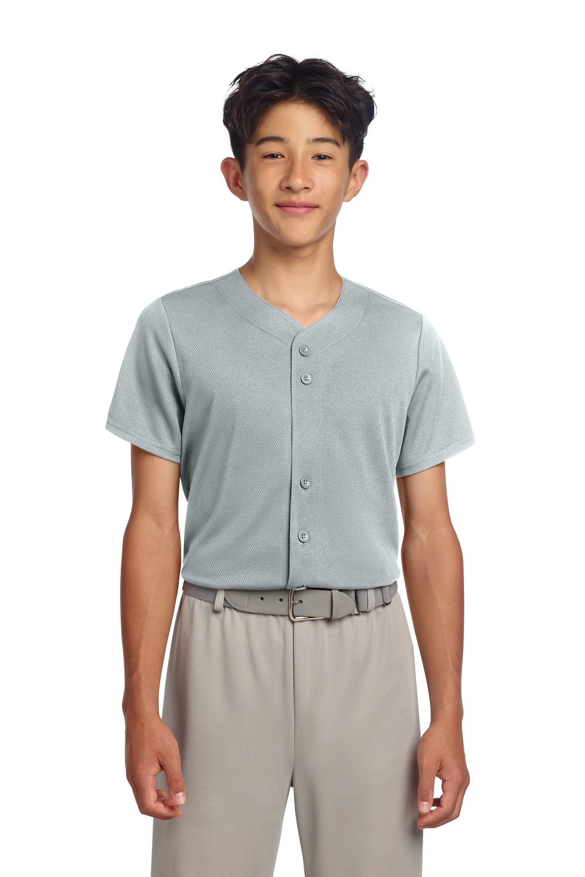 Sport-Tek Youth PosiCharge Tough Mesh Full-Button Jersey YST220 in Silver