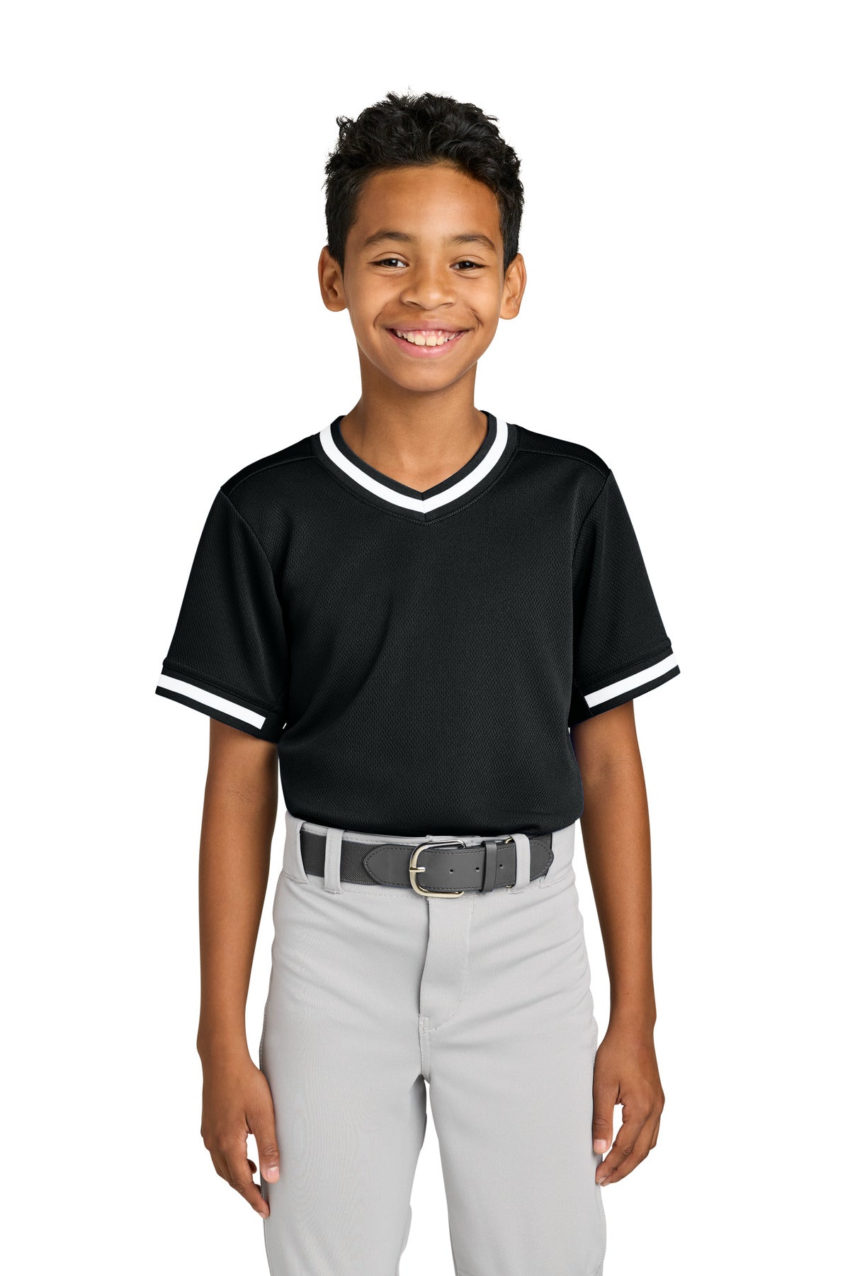 Sport-Tek Youth Tough Mesh V-Neck Baseball Jersey YST221 in Black