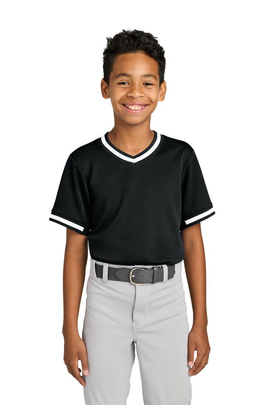 Sport-Tek Youth Tough Mesh V-Neck Baseball Jersey YST221 in Black