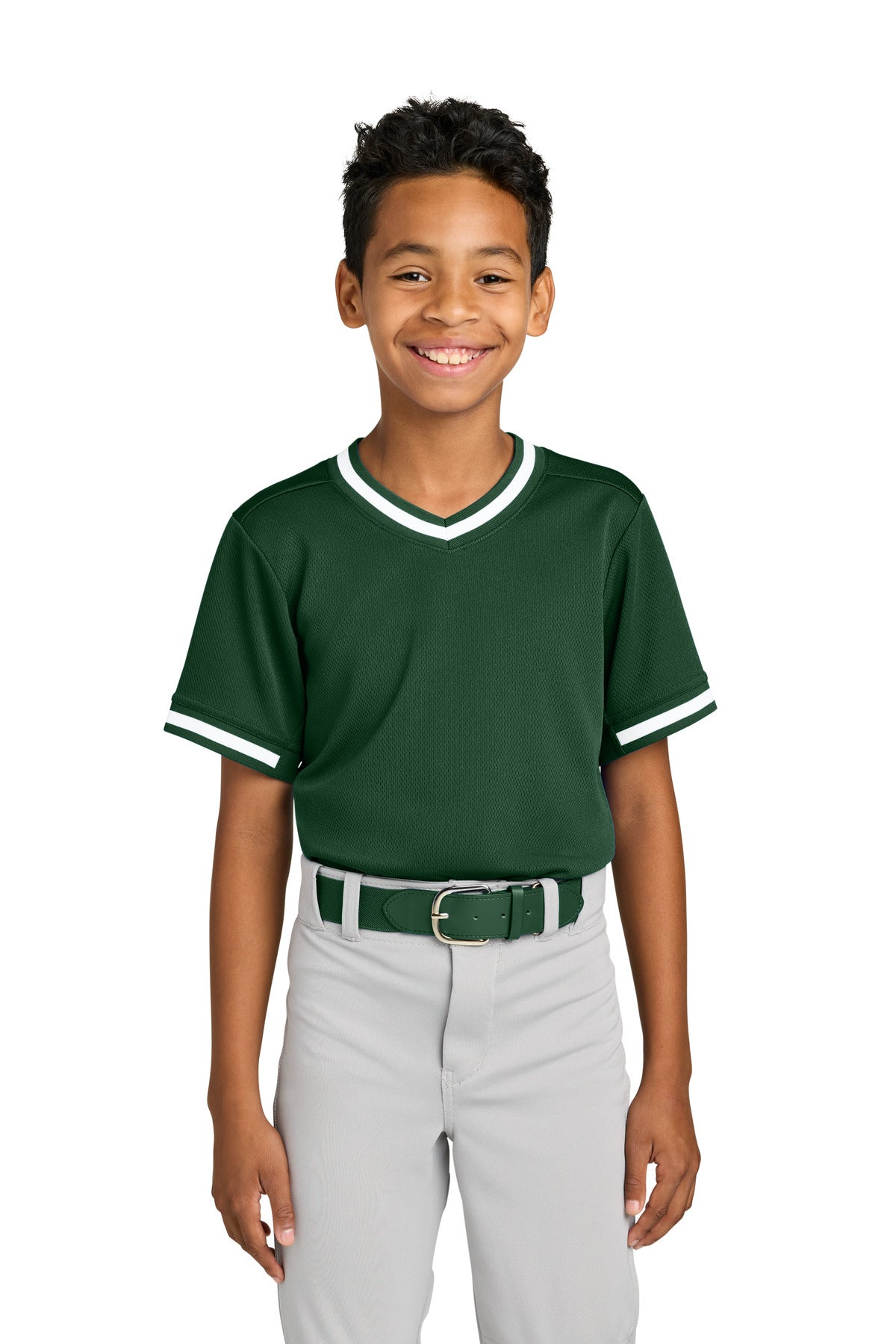 Sport-Tek Youth Tough Mesh V-Neck Baseball Jersey YST221 in Forest Green