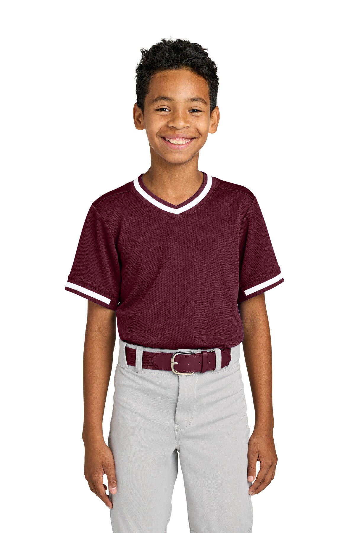 Sport-Tek Youth Tough Mesh V-Neck Baseball Jersey YST221 in Maroon