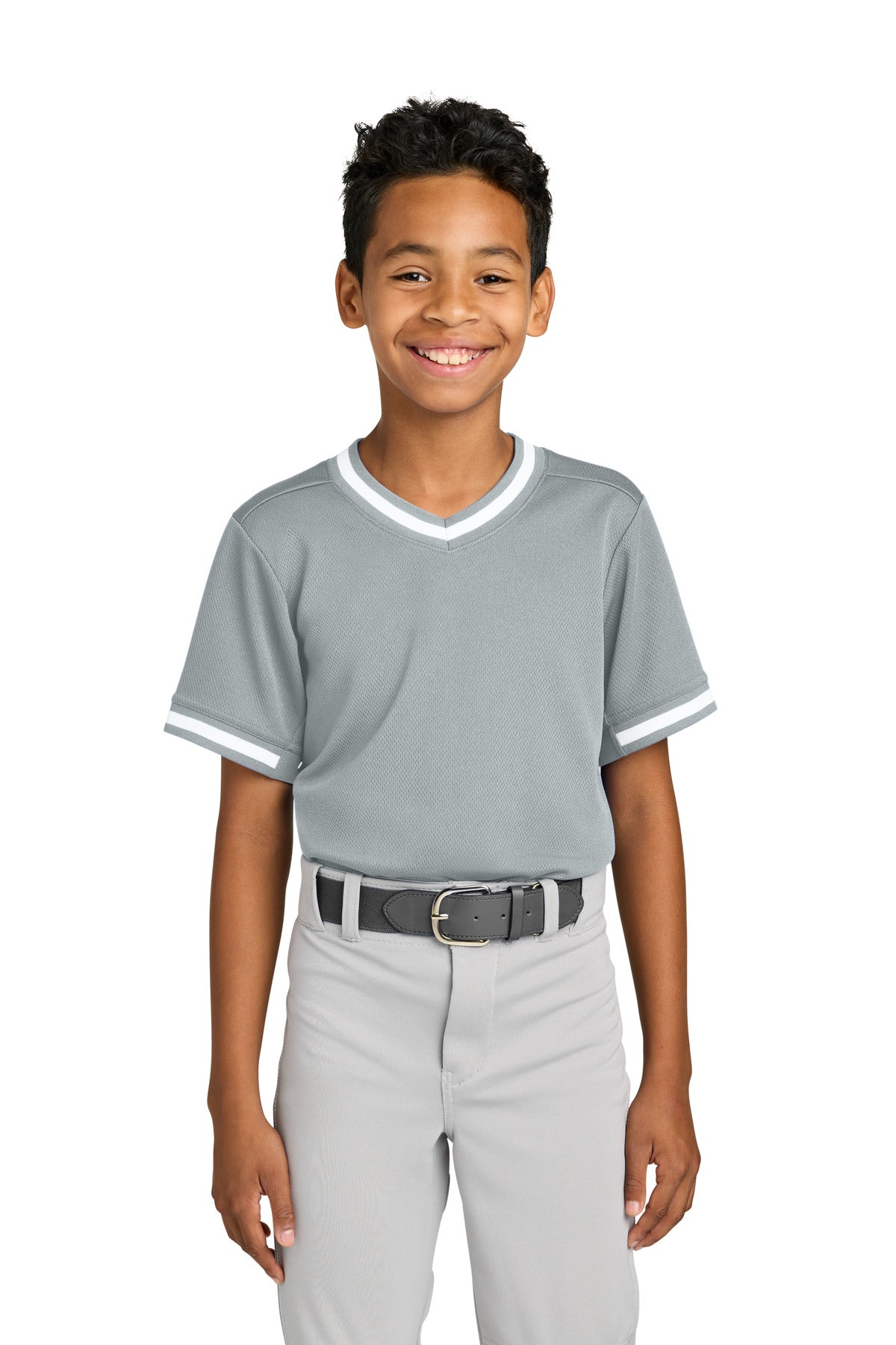 Sport-Tek Youth Tough Mesh V-Neck Baseball Jersey YST221 in Silver