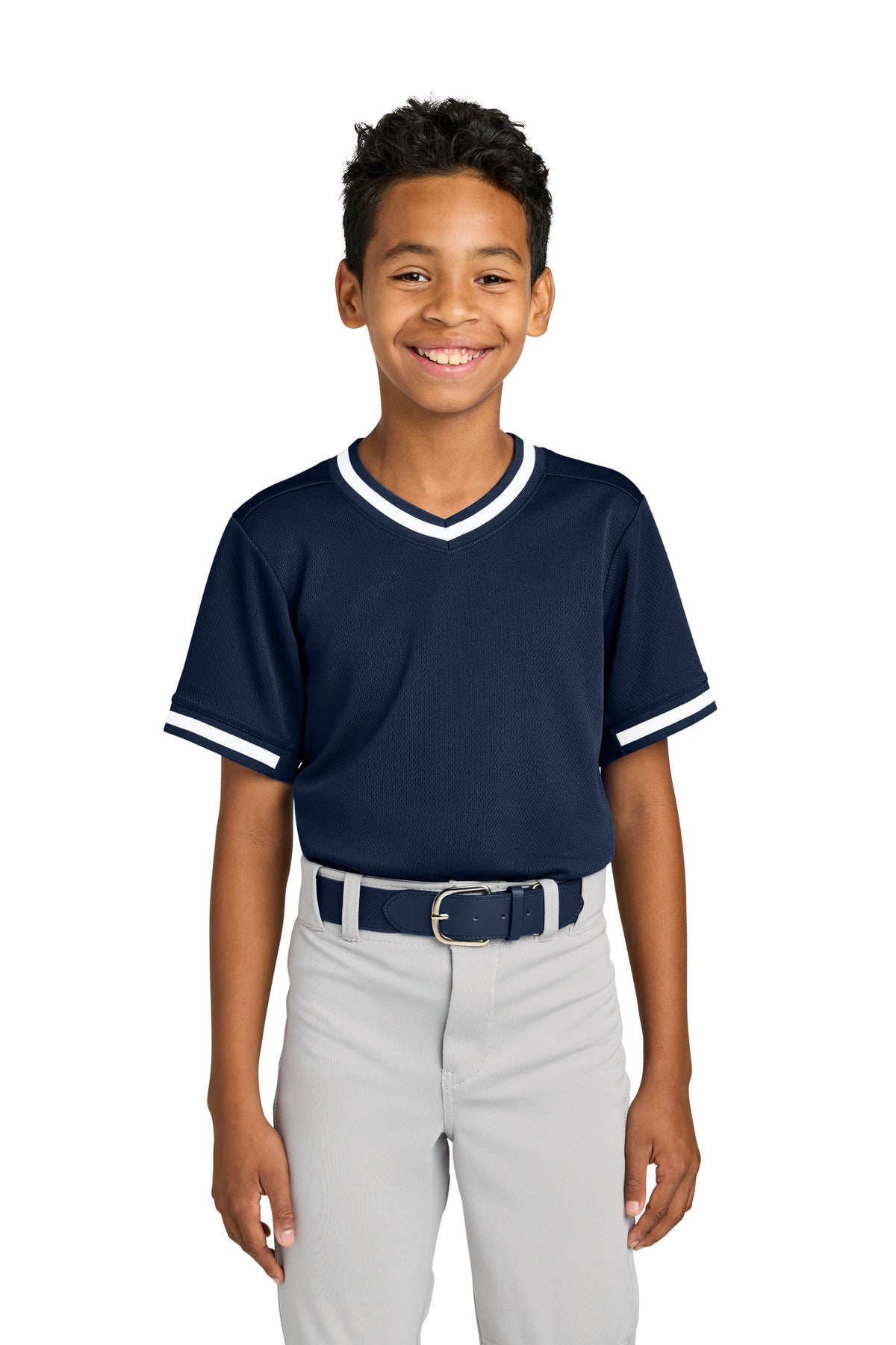 Sport-Tek Youth Tough Mesh V-Neck Baseball Jersey YST221 in True Navy