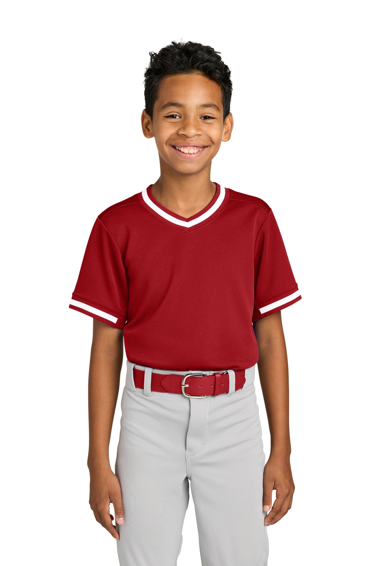 Sport-Tek Youth Tough Mesh V-Neck Baseball Jersey YST221 in True Red