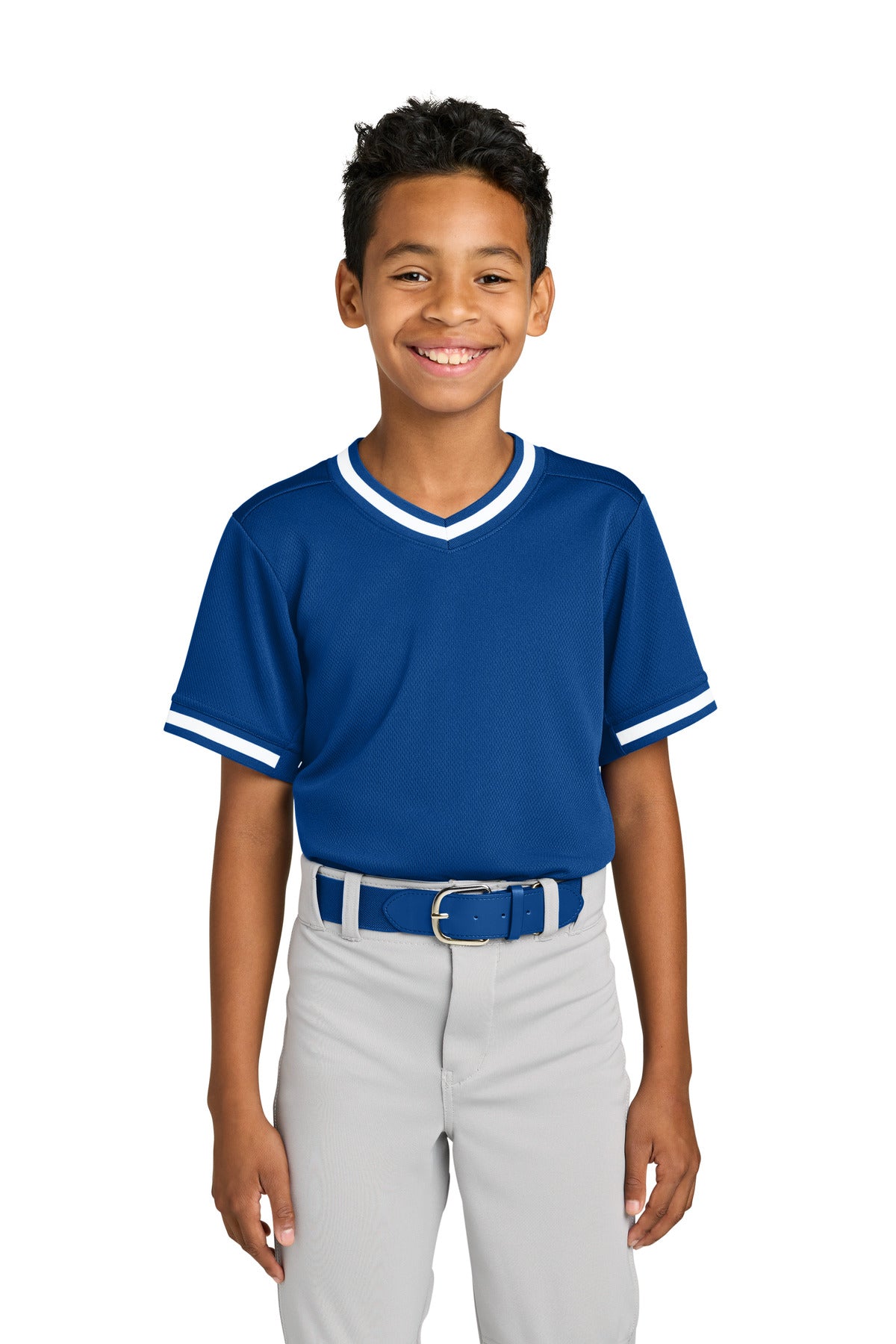 Sport-Tek Youth Tough Mesh V-Neck Baseball Jersey YST221 in True Royal