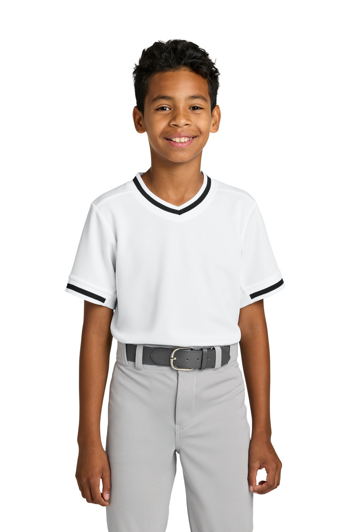 Sport-Tek Youth Tough Mesh V-Neck Baseball Jersey YST221 in White